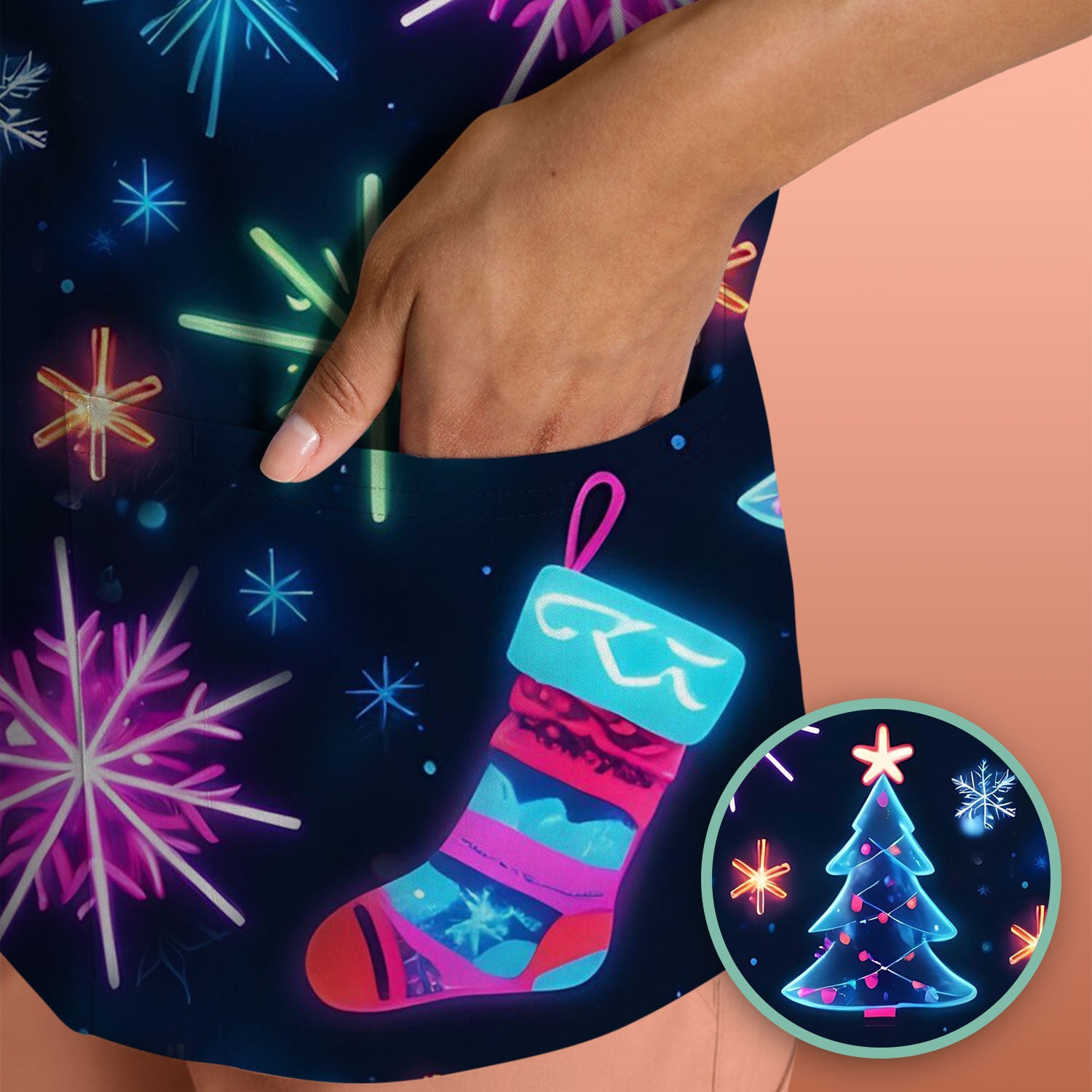 Xmas Neon Pattern Scrub Top, Christmas Scrub Shirt, Breathable Fabrics Nursing Uniform