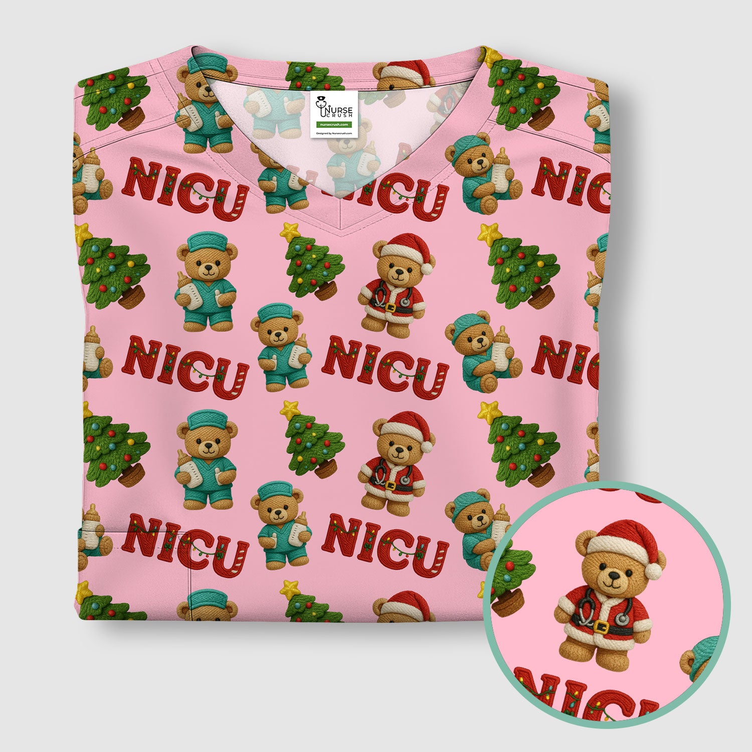 Festive Christmas NICU Nurse Teddy Bear Pattern, Breathable Fabrics Nursing Uniform