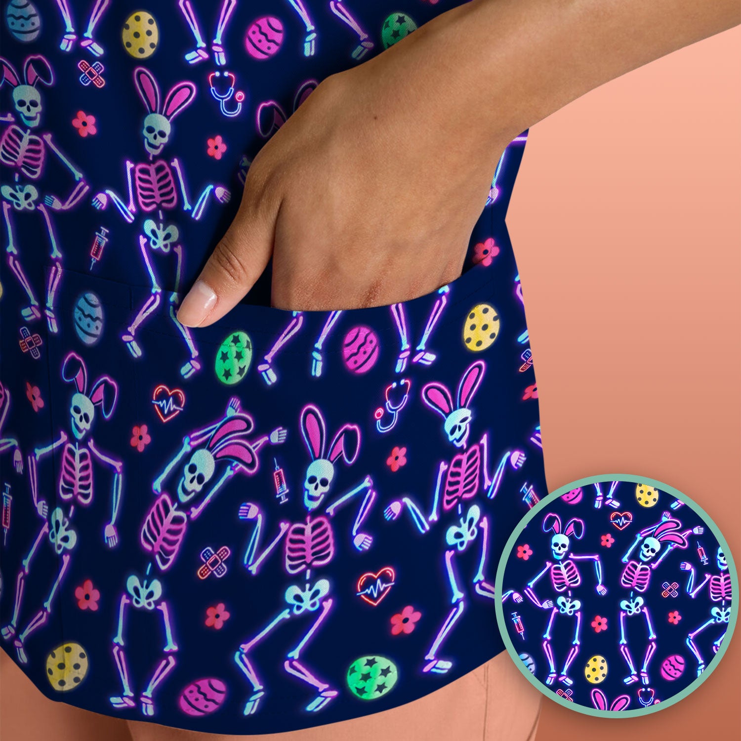 Neon Easter Skeleton Pattern Scrub Top, Comfortable Scrubs for Nurses
