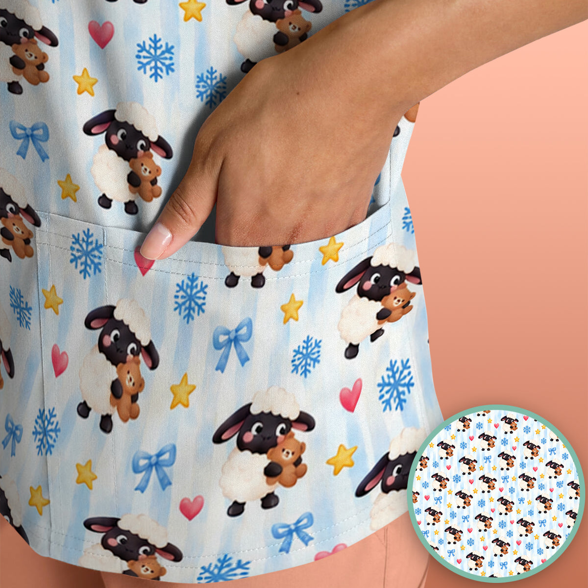 Cute Winter Lambs Holding Teddy Bears Scrub Top, Comfortable Scrubs for Nurses