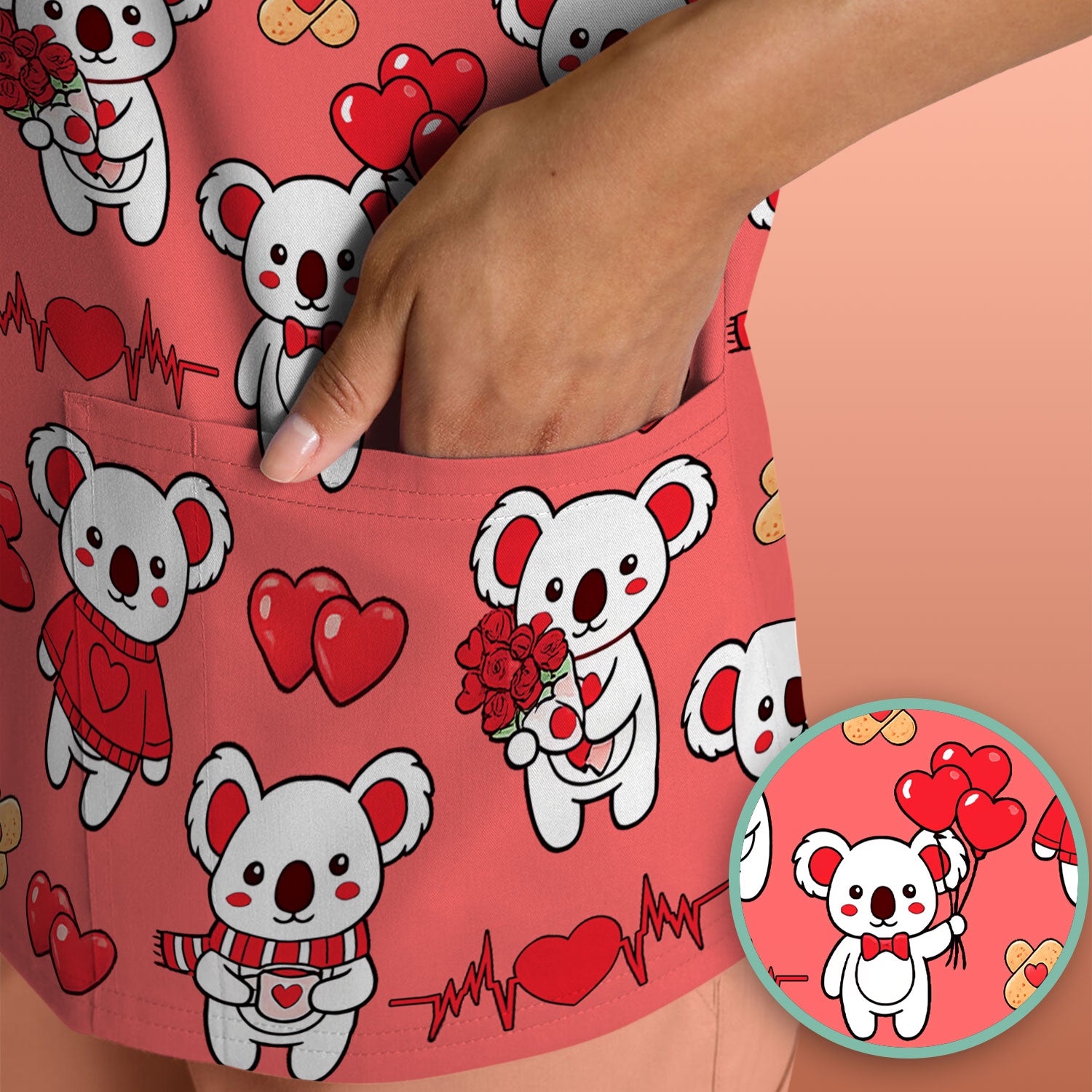 Sweet Koala Valentine Medical Design Scrub Top, Comfortable Scrubs for Nurses