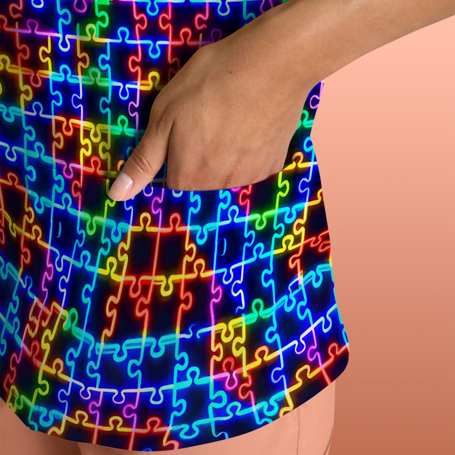 Autism Puzzle Neon Pattern Scrubs Top, Comfortable Scrubs for Nurses