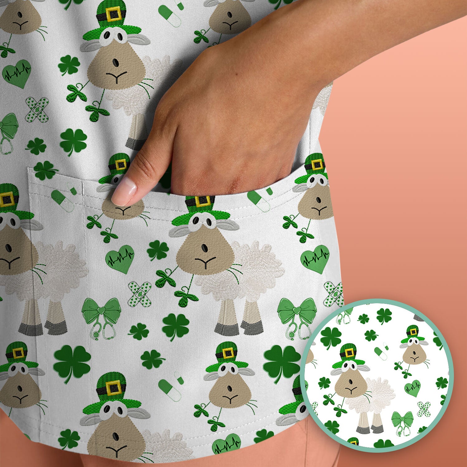 Nurse St. Patrick Scrubs Top, Cute Sheep Shamrock Pattern Nurse Shirt, Breathable Fabrics Nursing Uniform