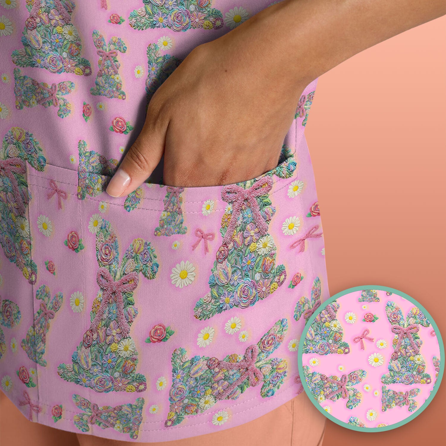 Colorful Floral Bunny with Pink Bow Pattern Scrub Top, Breathable Fabrics Nursing Uniform, Easter