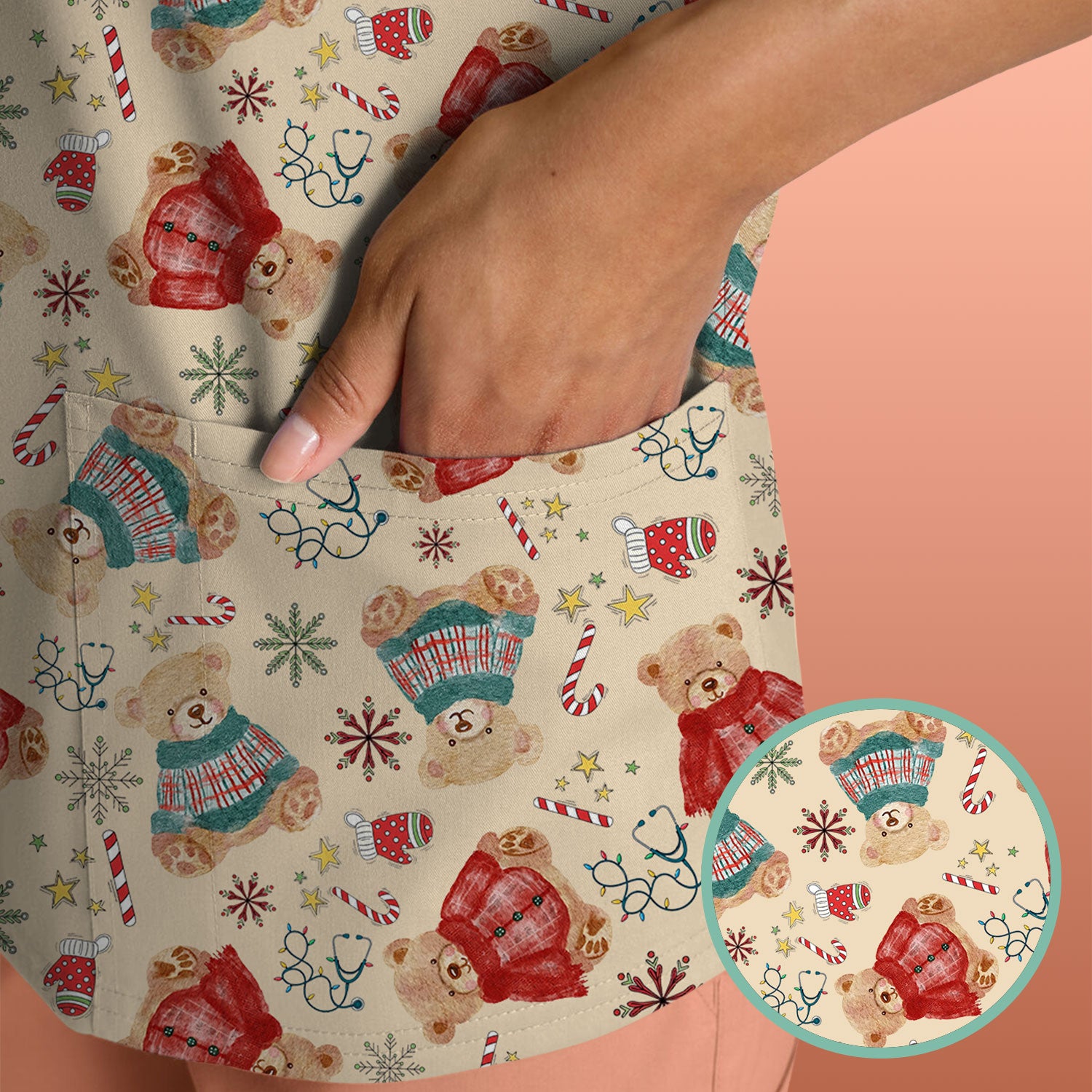 Christmas Bear Scrub Top - Cute Holiday Teddy Print Scrubs for Nurses - Funny Xmas Medical Scrub Shirt Gift for Women CNA RN