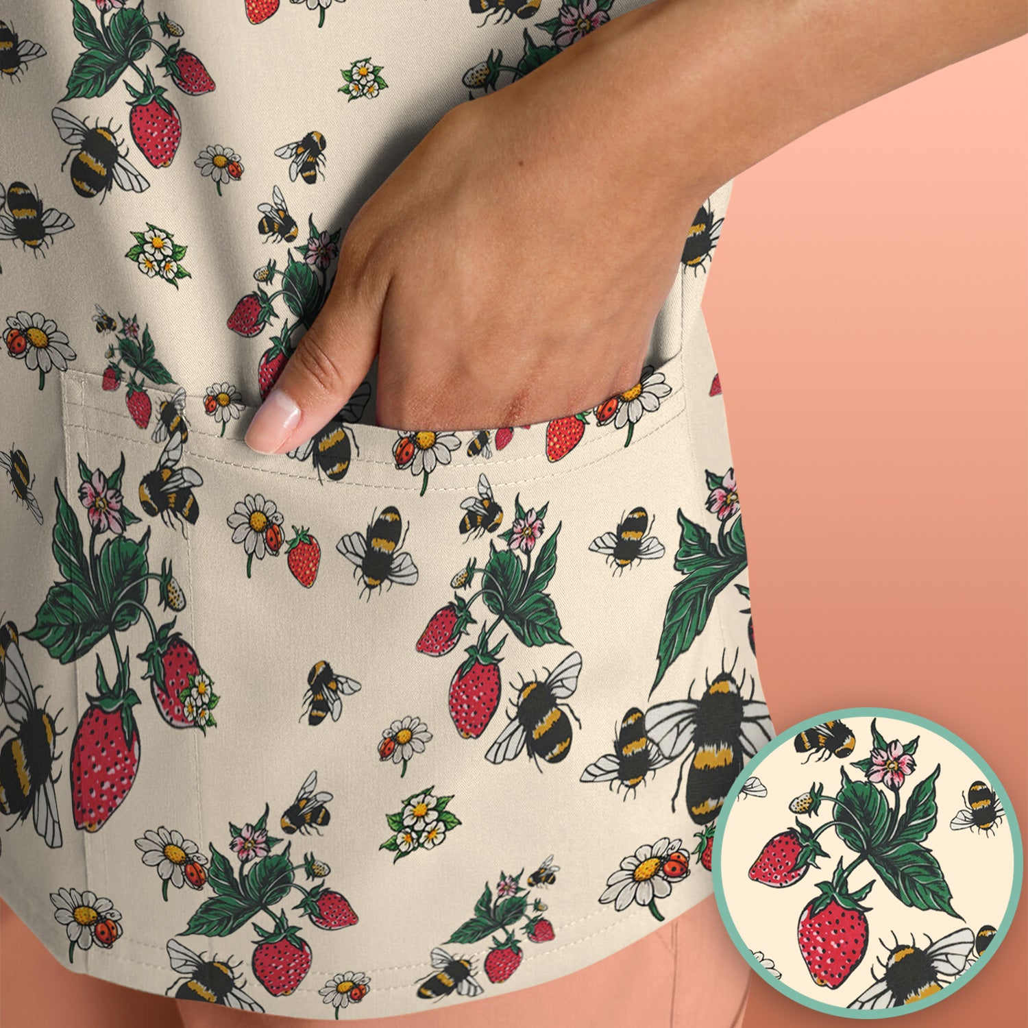 Cute Strawberry Bee Daisy Floral Pattern Scrub Top, Comfortable Scrubs for Nurses