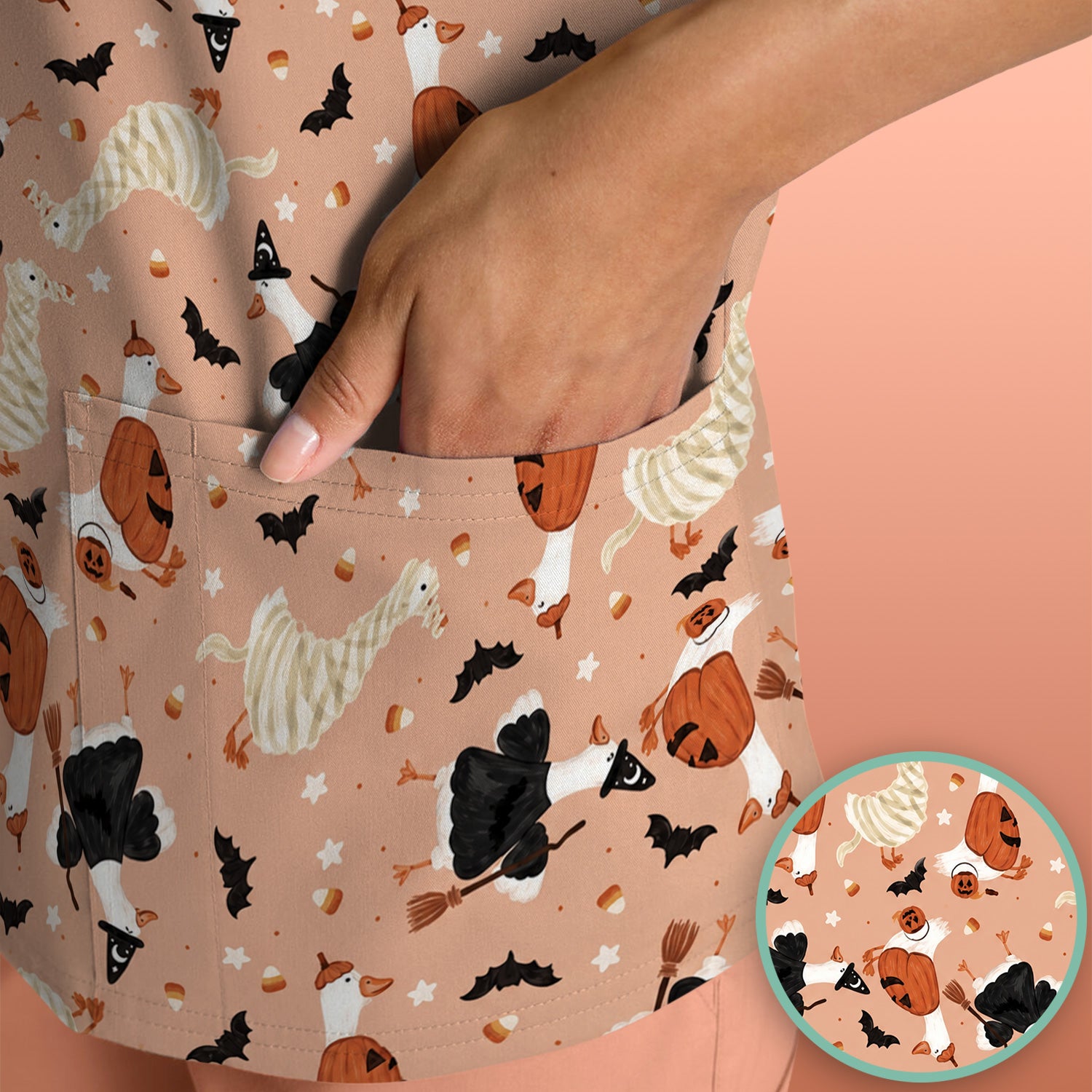 Halloween Goose with Pumpkin Bat Pattern Scrub Top, Comfortable Scrubs for Nurses