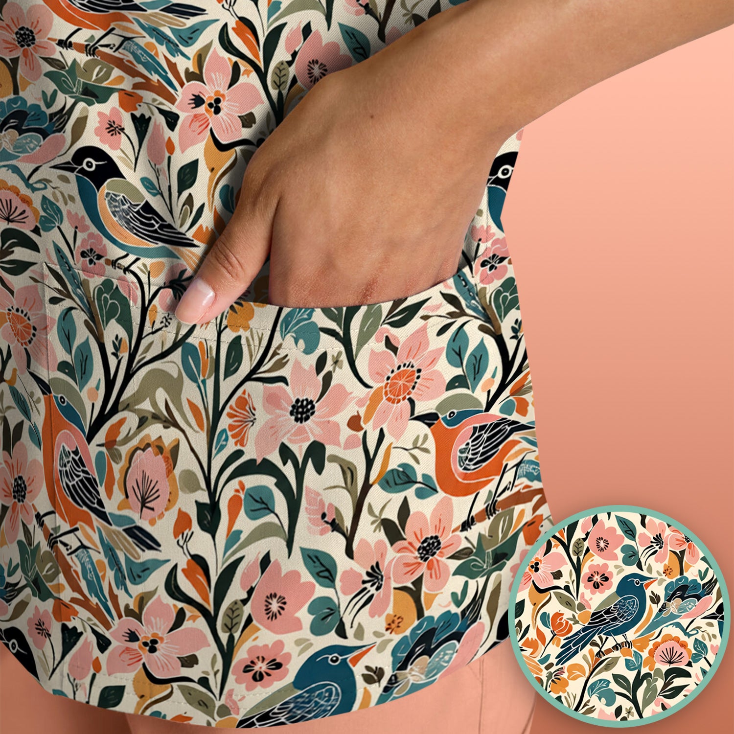 Folk Art Songbird Floral Pattern Scrub Top, Comfortable Scrubs for Nurses