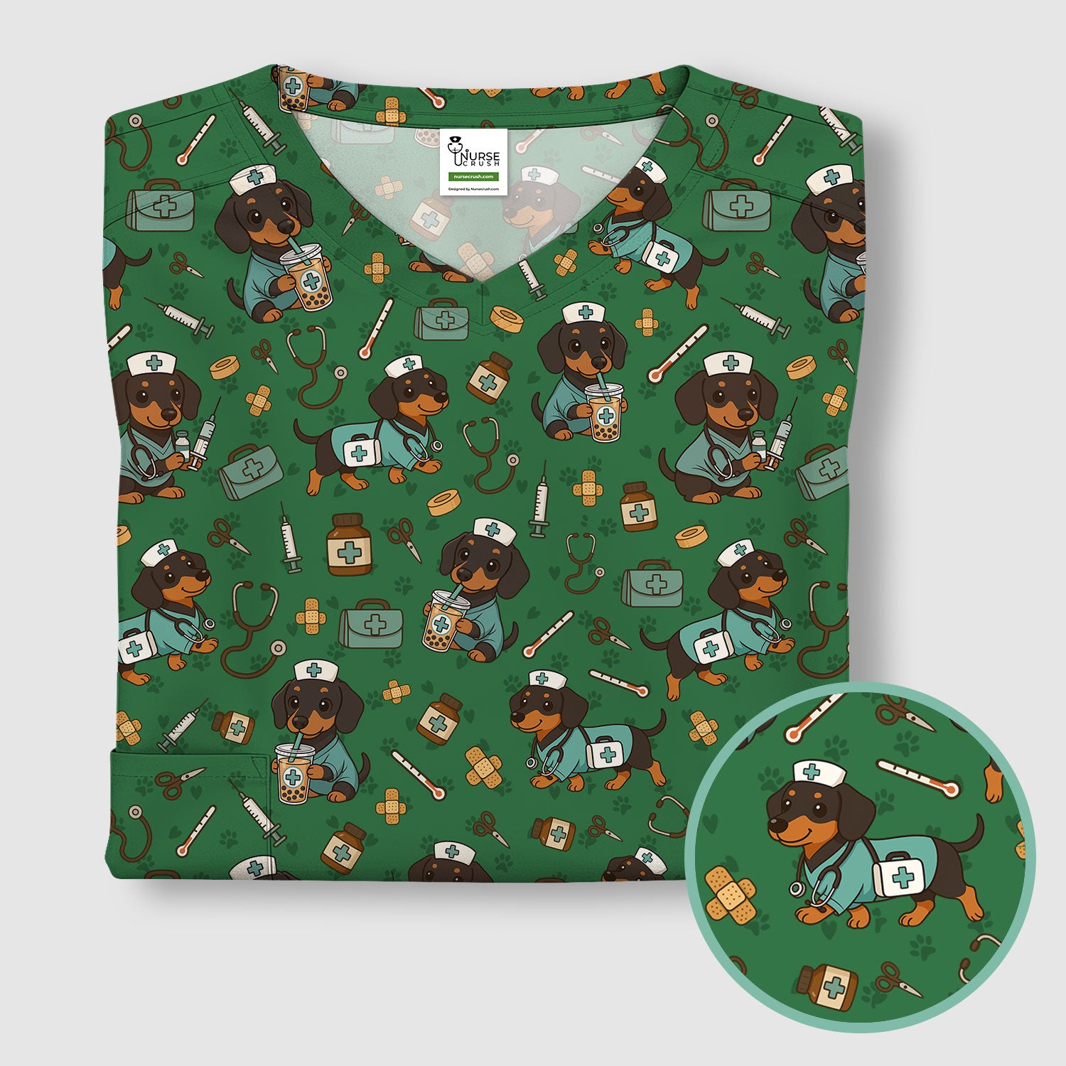 Funny Dachshund Nurse Scrubs - Cute Dog Print Medical Shirt - Holiday Nurse Scrub Top Gift for RN CNA Doctor, Women & Men