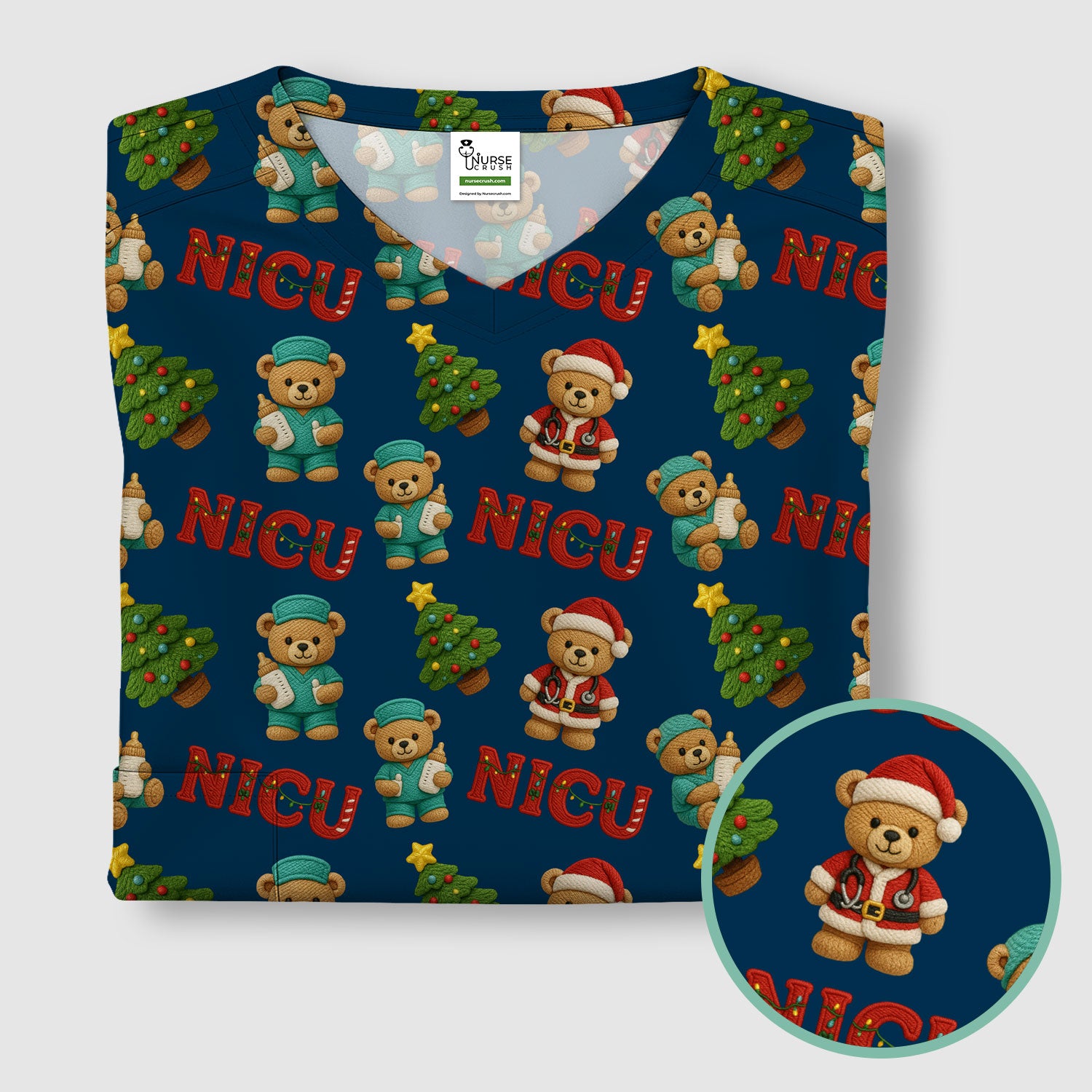 Festive Christmas NICU Nurse Teddy Bear Pattern, Breathable Fabrics Nursing Uniform
