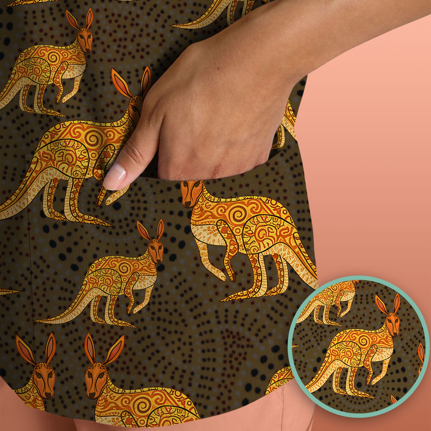 Australian Kangaroo Dot Art Inspired Medical Scrub Top - Women Uniform