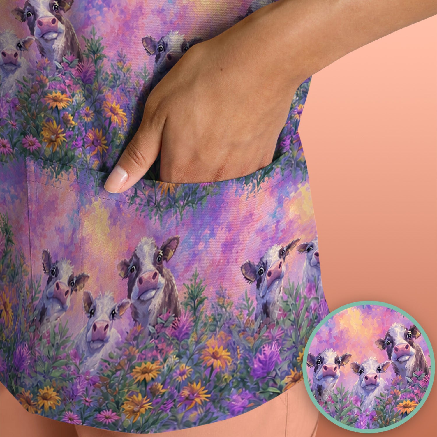 Pastel Cow Meadow Flower Pattern Scrub Top, Comfortable Scrubs for Nurses