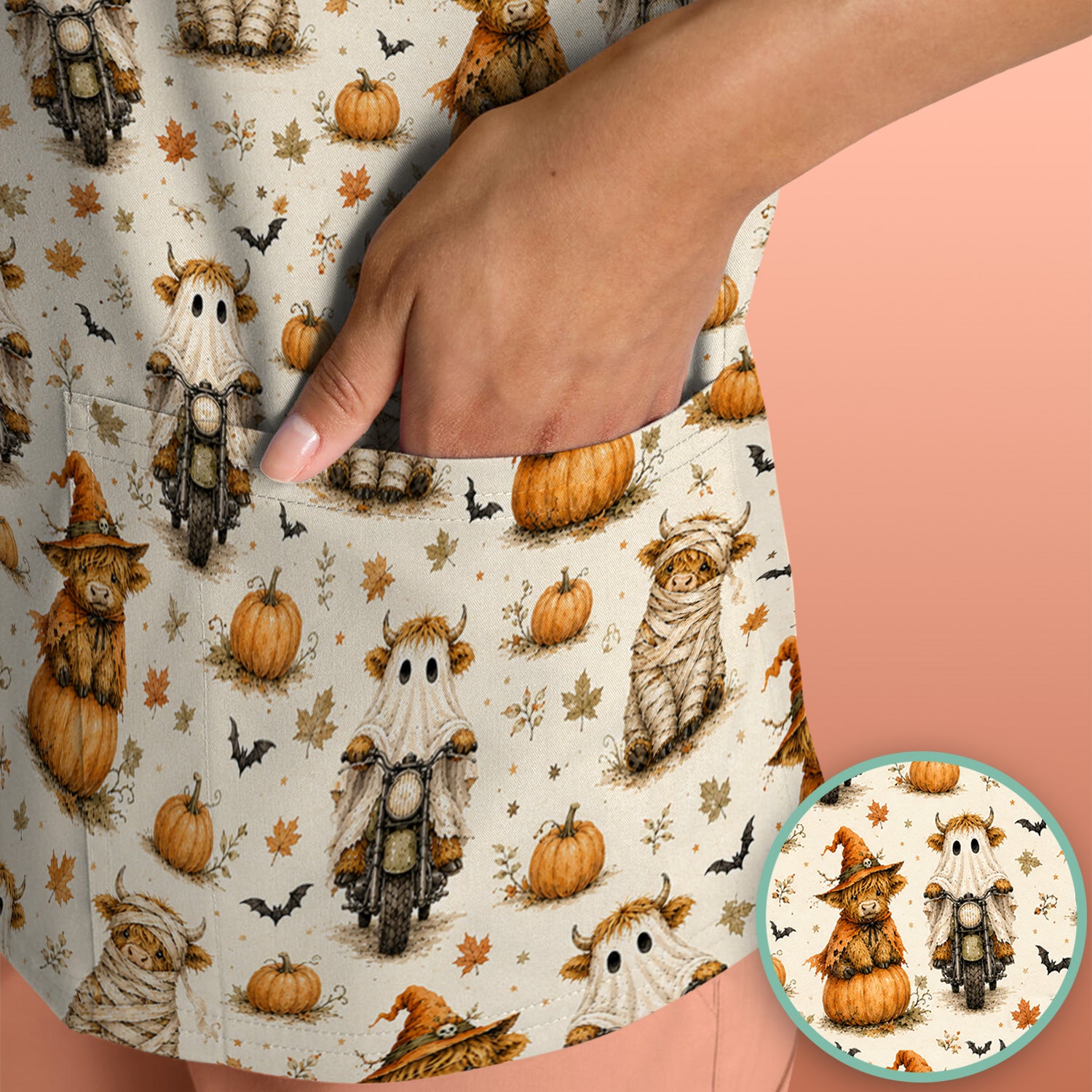 Halloween Highland Cow Costumes Scrub Top, Comfortable Scrubs for Nurses