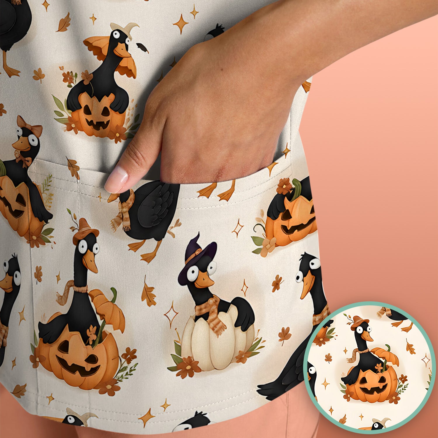 Pumpkin Black Goose Print Scrub Top, Comfortable Scrubs for Nurses