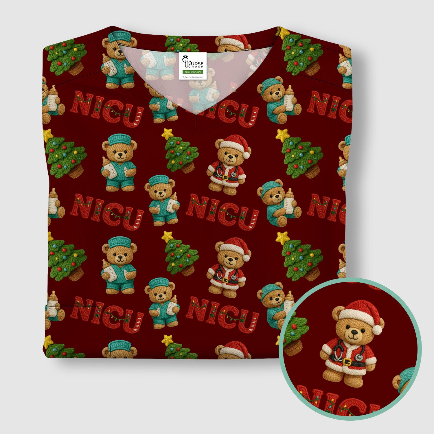 Festive Christmas NICU Nurse Teddy Bear Pattern, Breathable Fabrics Nursing Uniform