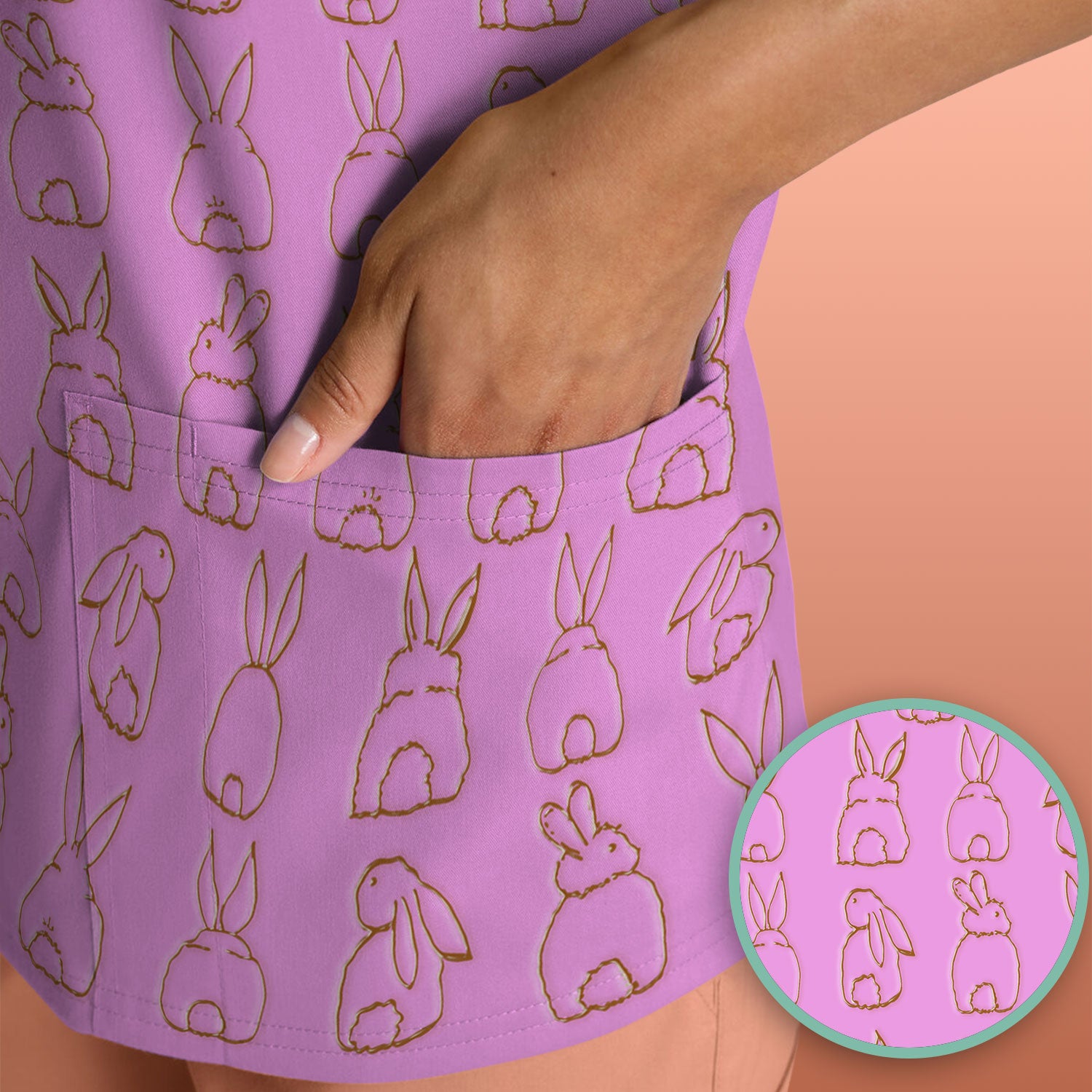 Cartoon Bunny Line Art Pattern Medical Scrub Top, Comfortable Scrubs for Nurses, Easter
