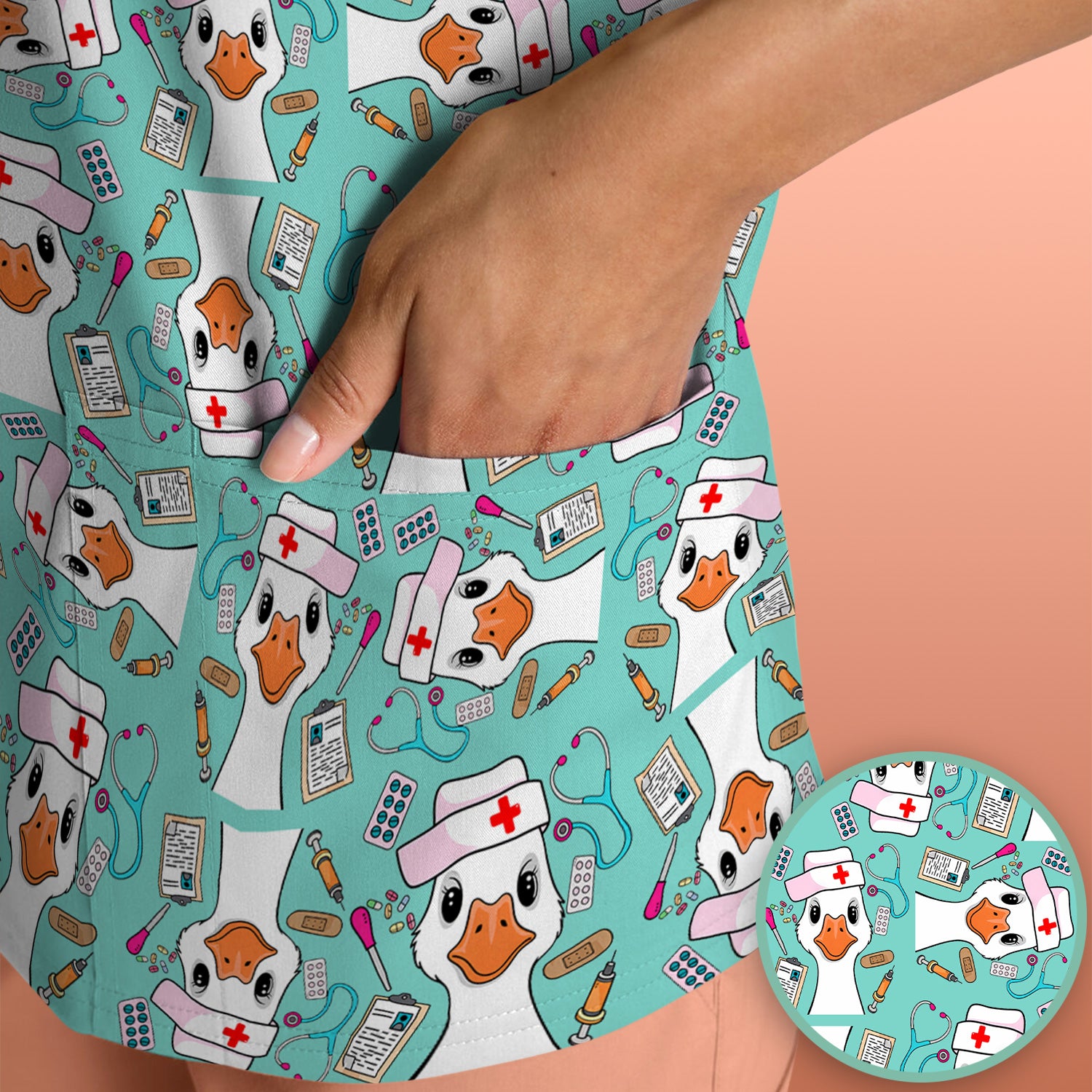 Duck Wearing Hat With Medical Tools Scrub Top, Breathable Fabrics Nursing Uniform