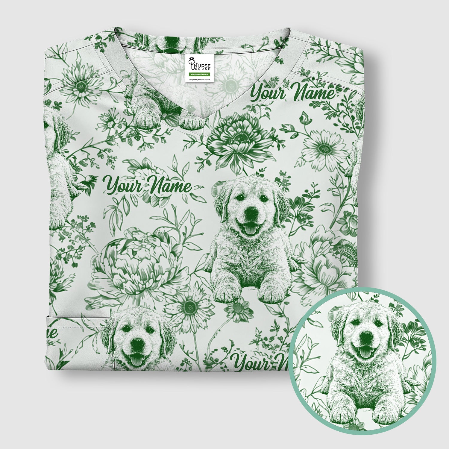 Personalized Custom Pet Photo Name Floral Pattern Scrub Top, Breathable Fabrics Nursing Uniform