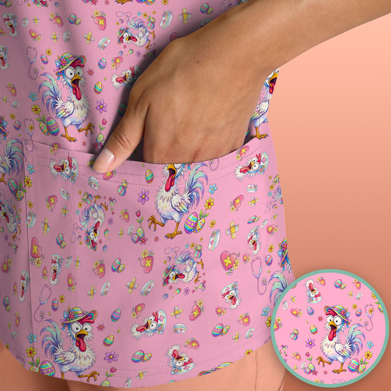 Funny Easter Nurse Chicken Pattern Scrub Top, Comfortable Scrubs for Nurses