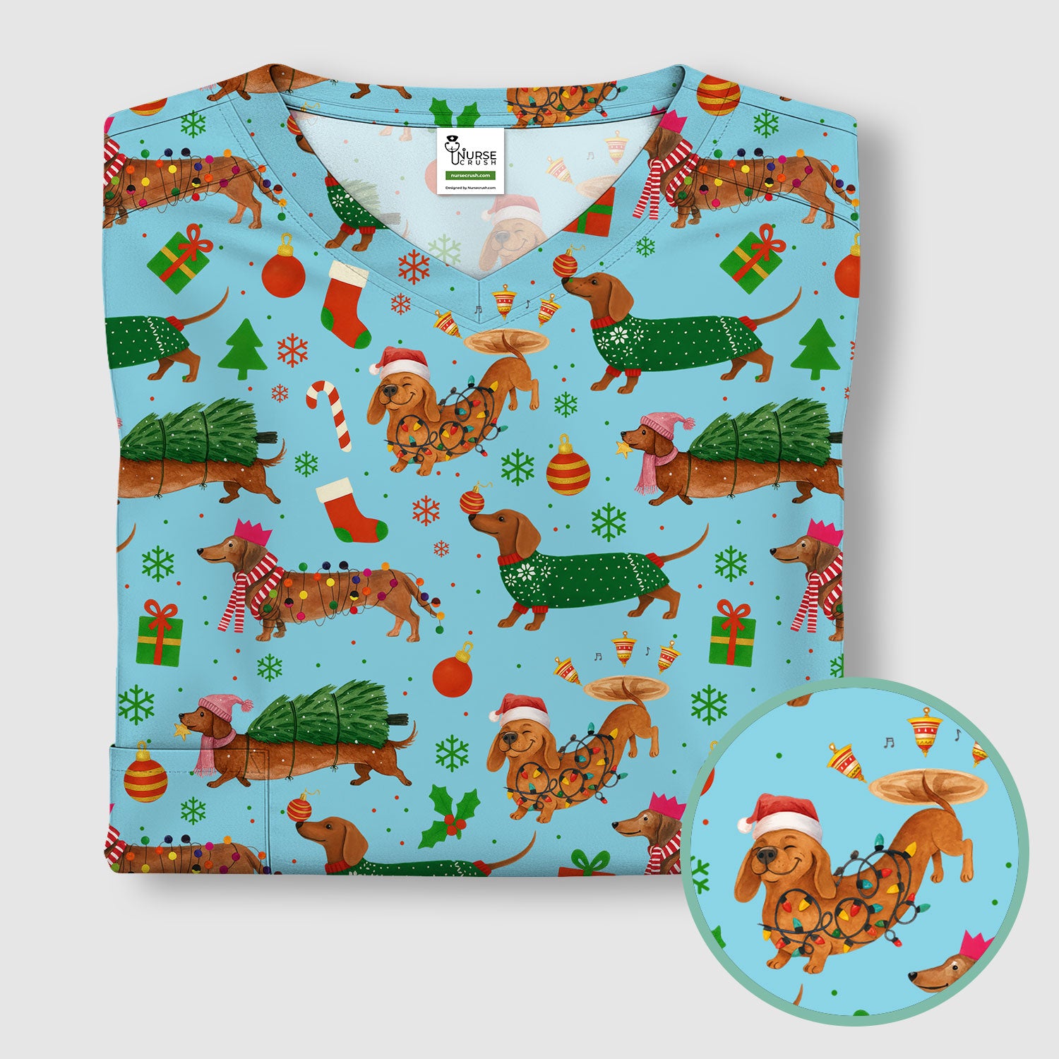 Funny Christmas Dog Scrub Top - Dachshund Multi Color Scrub Shirt - Holiday Scrubs Gift for Nurse, CNA, RN, Doctor, Medical Staff