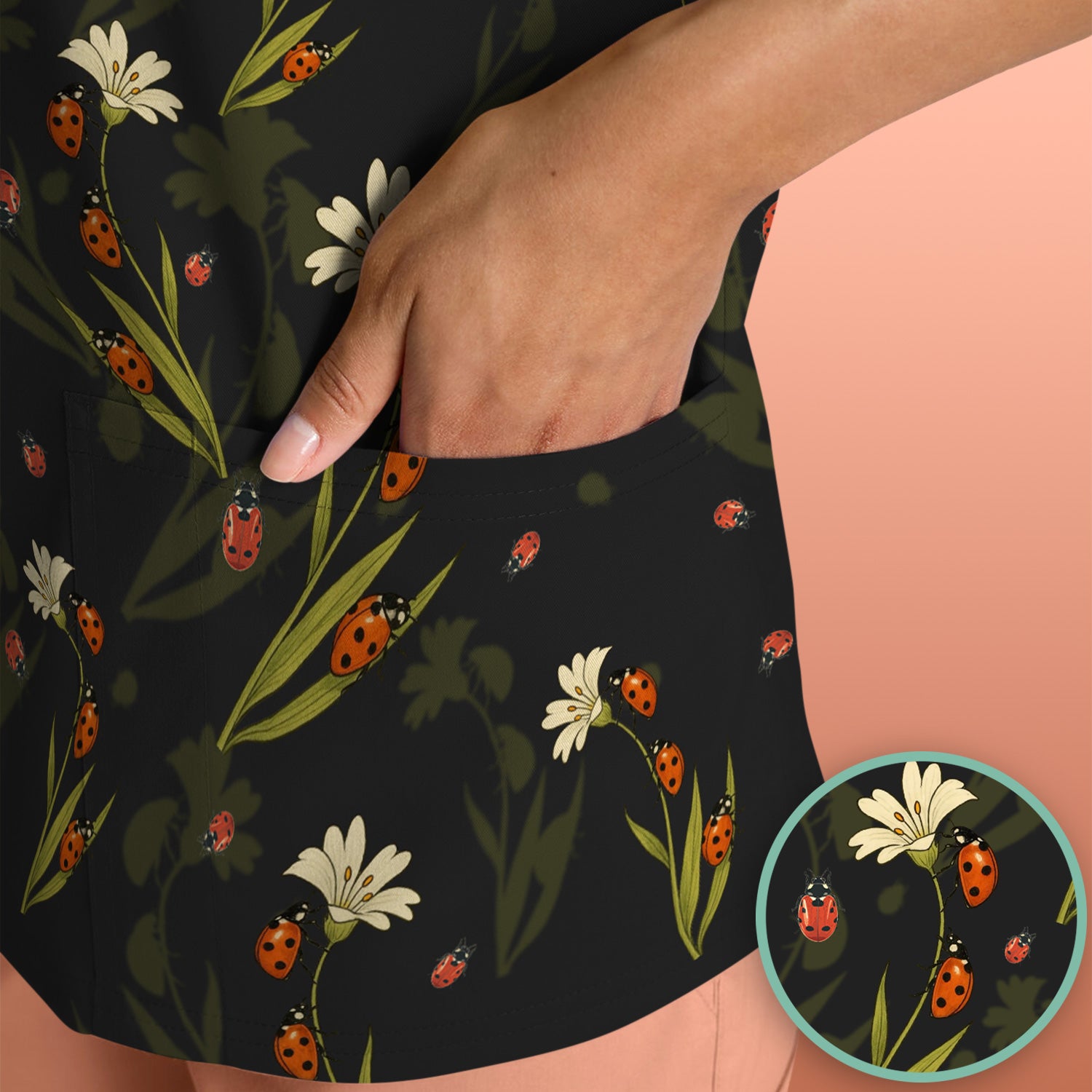 Fresh Daisy Ladybug Garden Pattern Scrub Top, Comfortable Scrubs For Nurses