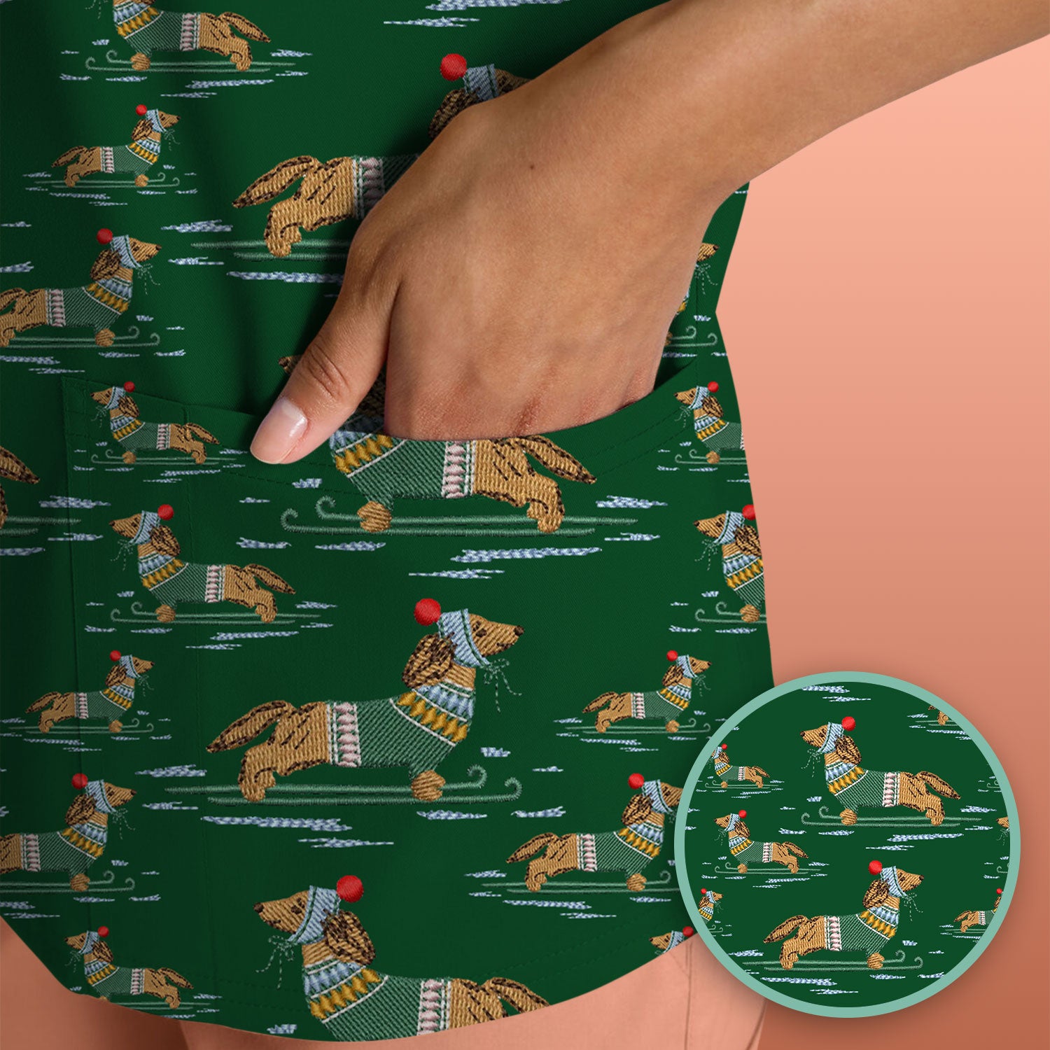 Dachshund Nurse Scrub Top, Wiener Dog Winter Pattern Shirt, Breathable Fabrics Nursing Uniform
