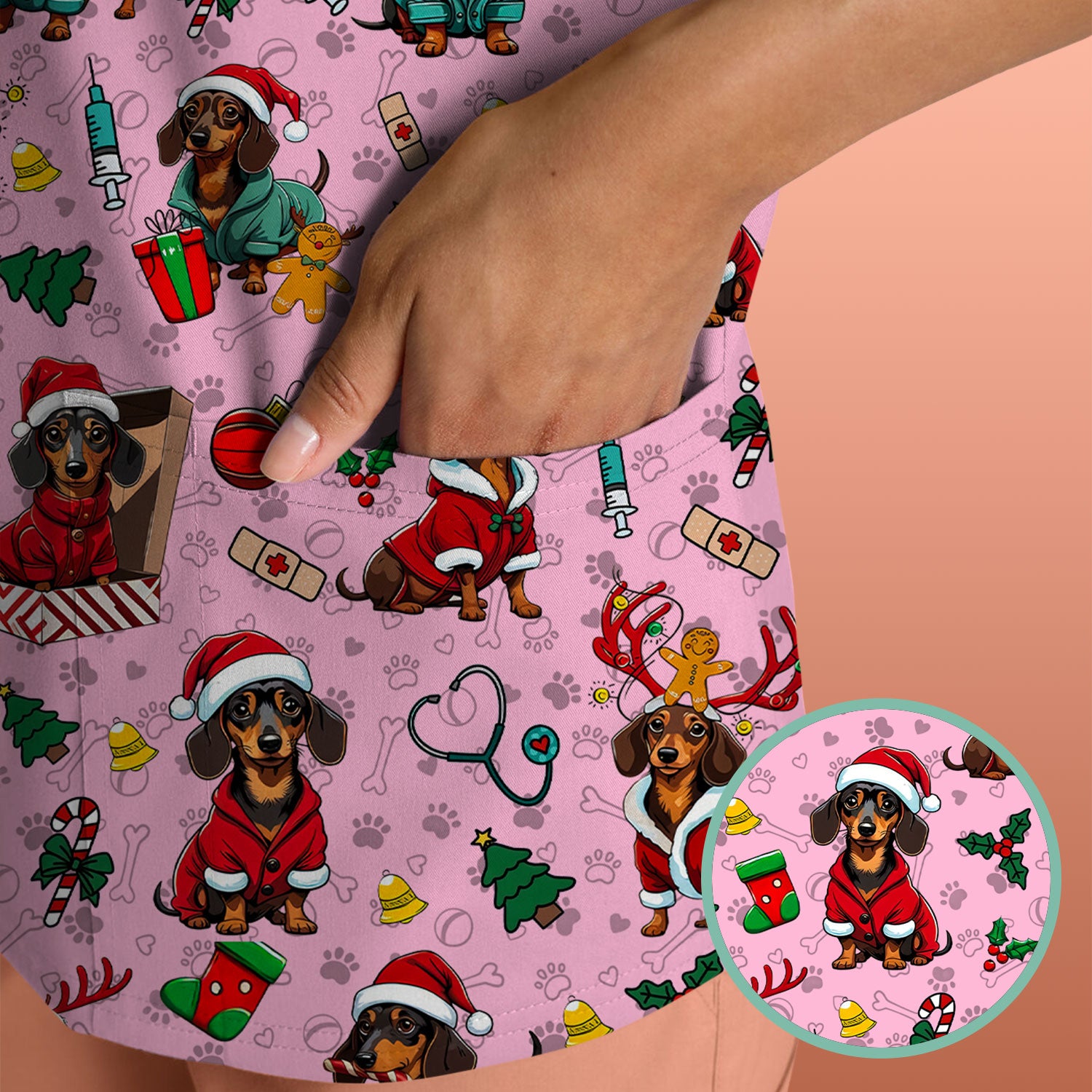 Christmas Dachshund Scrubs for Nurses - Cute Sausage Dog Holiday Scrub Top - Funny Reindeer & Santa Medical Shirt for Women