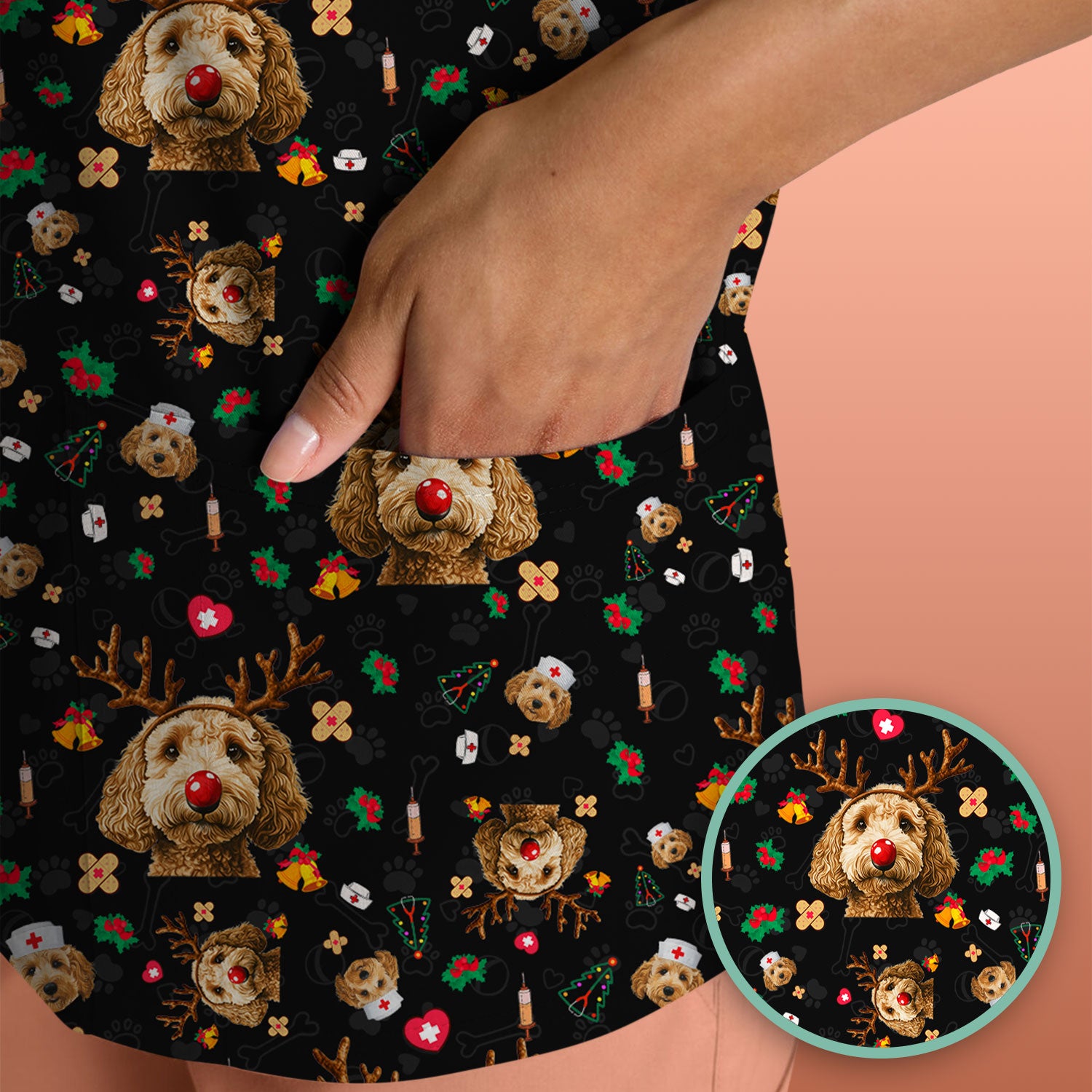 Christmas Labradoodle Scrub Top - Funny Reindeer Dog Nurse Shirt - Cute Holiday Medical Uniform for Women Healthcare Gift