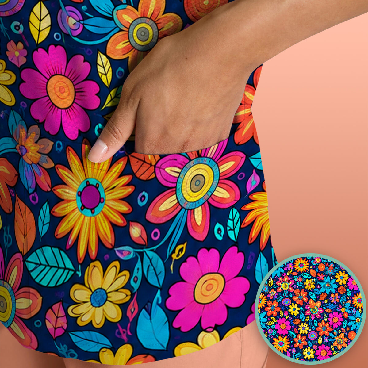 Vibrant Retro Floral Doodle Pattern Scrub Top, Comfortable Scrubs for Nurses