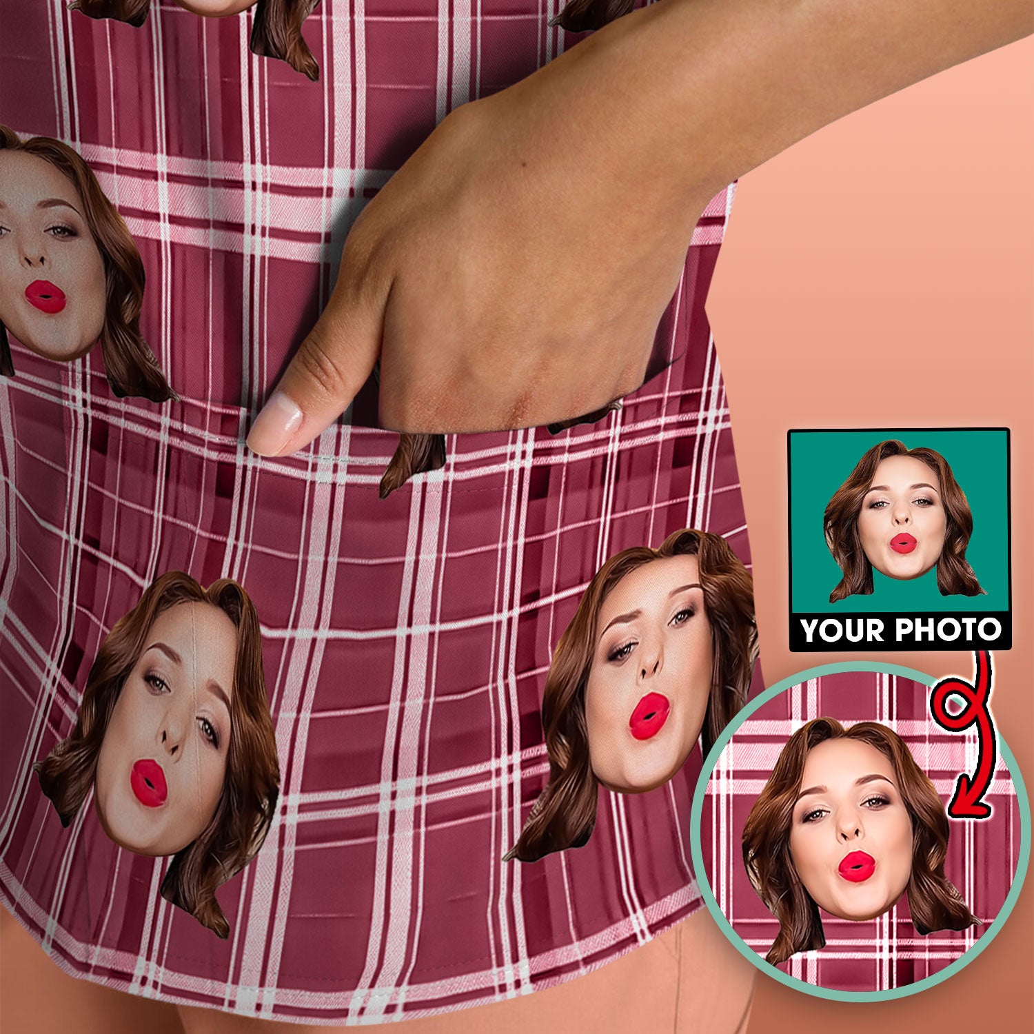 Personalized Funny Face Plaid Scrub Top, Custom Photo Pattern Medical Shirt, Breathable Fabrics Nursing Uniform
