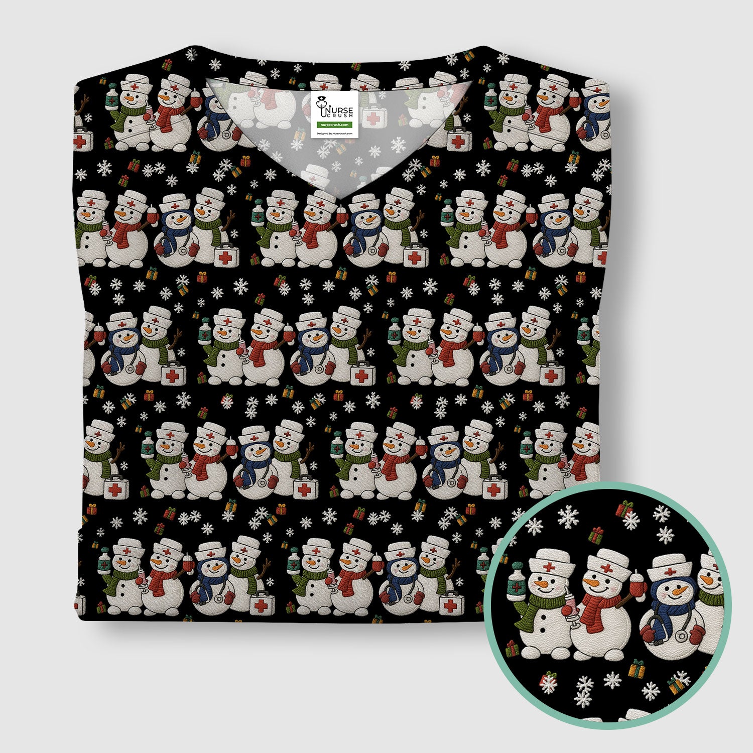 Cute Christmas Snowman Nurse Pattern Scrub Top, Breathable Fabrics Nursing Uniform