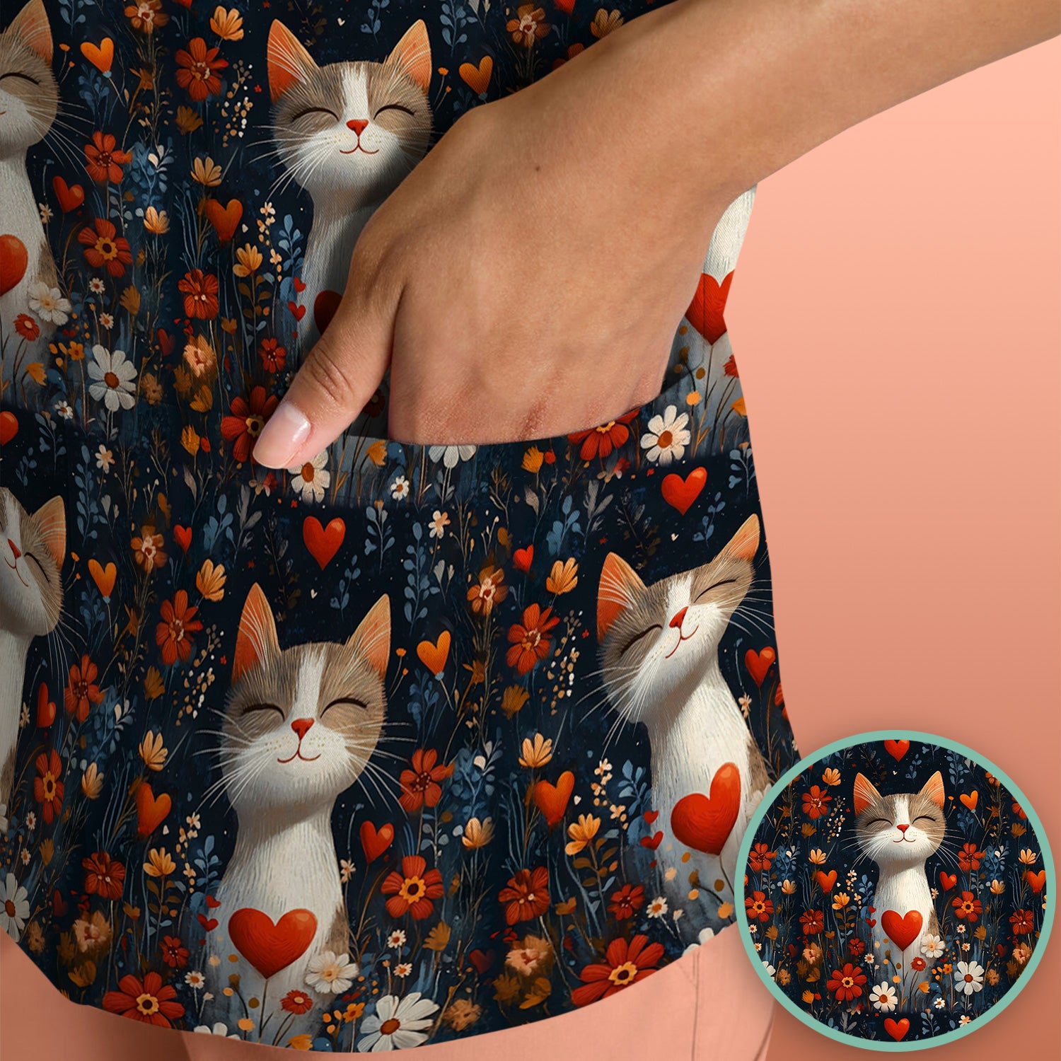 Cat Heart Floral Garden Pattern Scrub Top, Breathable Fabrics Nursing Uniform