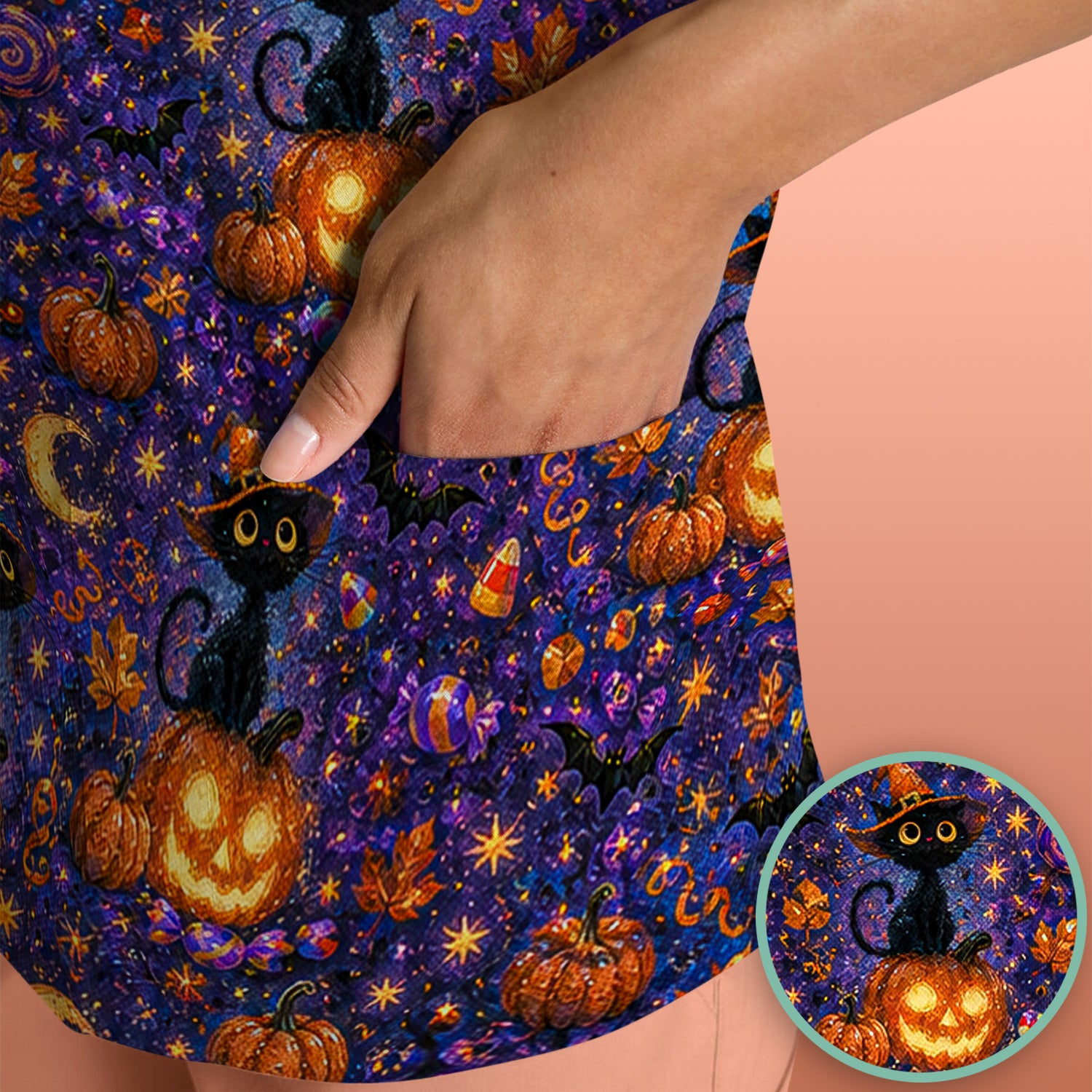 Mystical Halloween Witch Cat Scrub Top, Comfortable Scrubs for Nurses