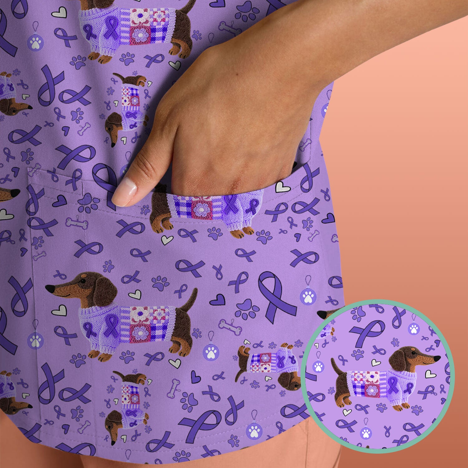 Wiener Dog Purple Ribbon Cancer Awareness Scrub - Breathable Fabrics Nursing Uniform - Comfortable Scrubs for Nurses