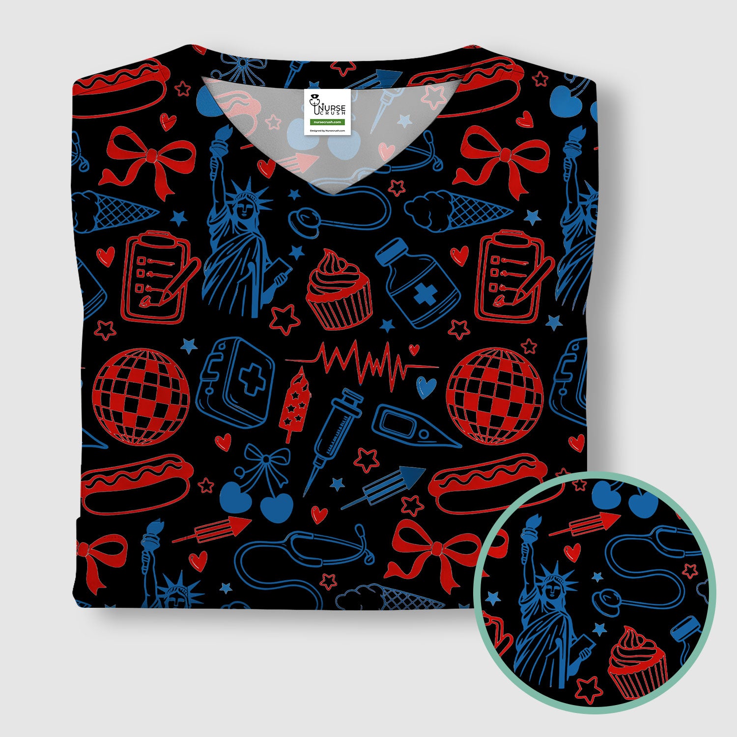 Patriotic Nurse Medical Icons Pattern Scrub Top, Breathable Fabrics Nursing Uniform