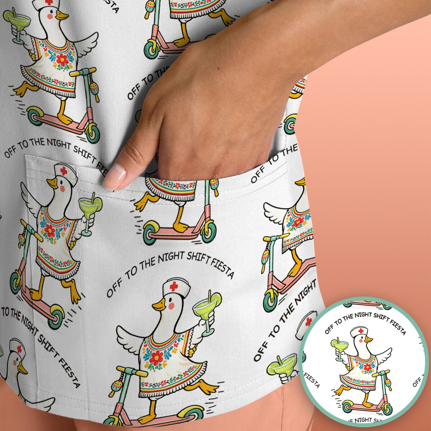 Funny Duck Scooter Night Shift Fiesta Scrub Top, Comfortable Scrubs for Nurses