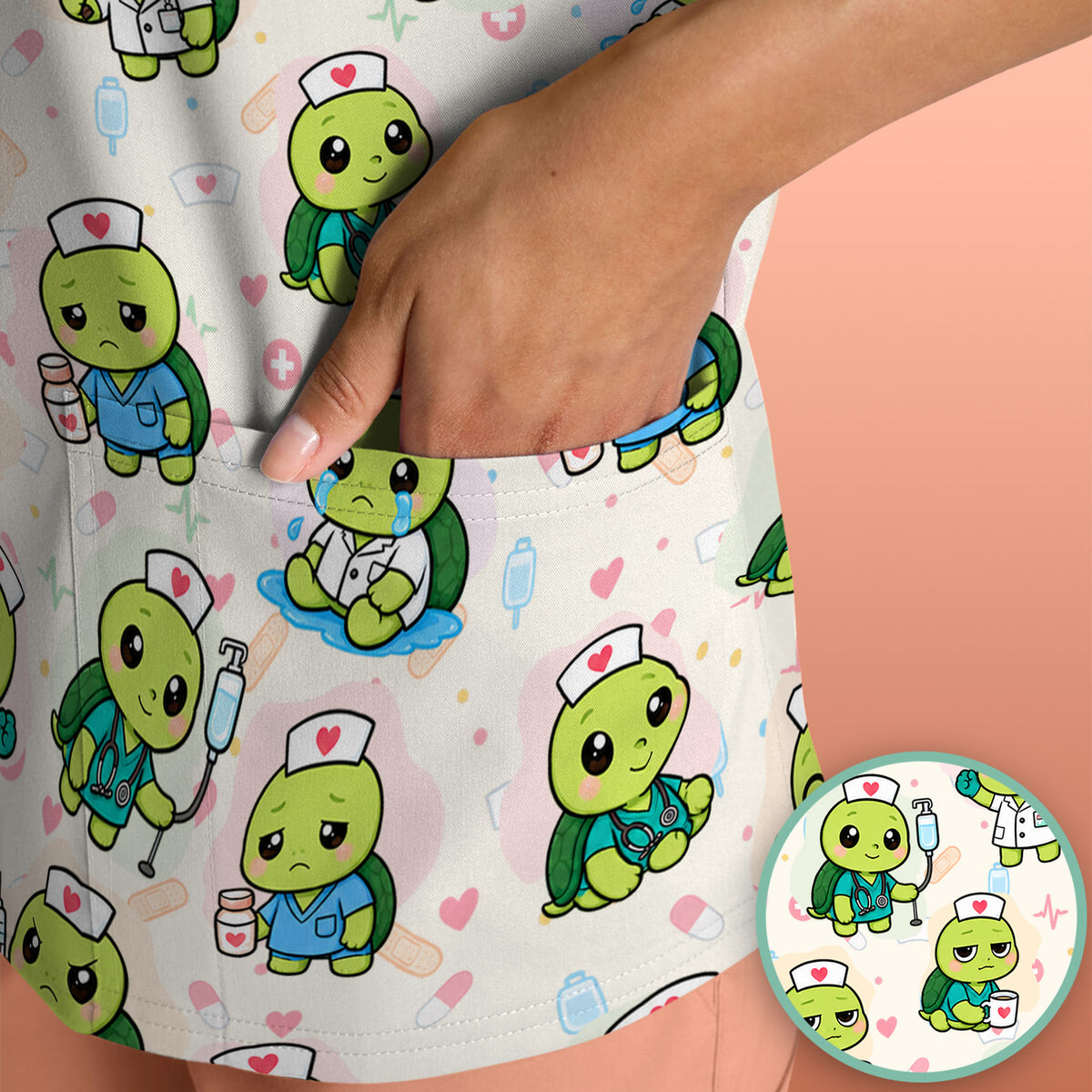 Cute Nurse Turtle Medical Icons Scrub Top, Comfortable Scrubs for Nicu Nurses
