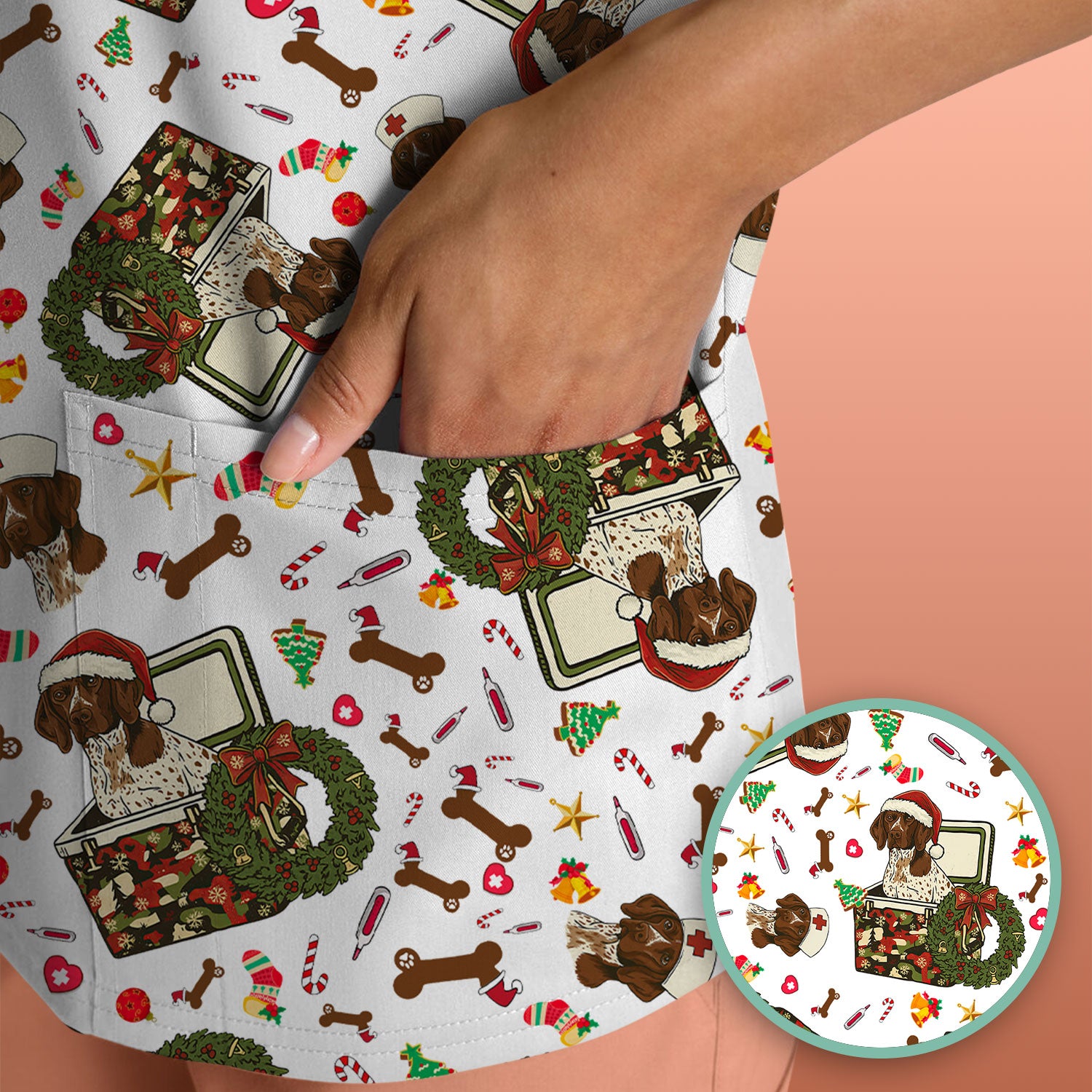 Christmas Dachshund Scrub Top - Cute Sausage Dog Nurse Shirt - Funny Holiday Medical Uniform for Women RN LPN CNA Gift