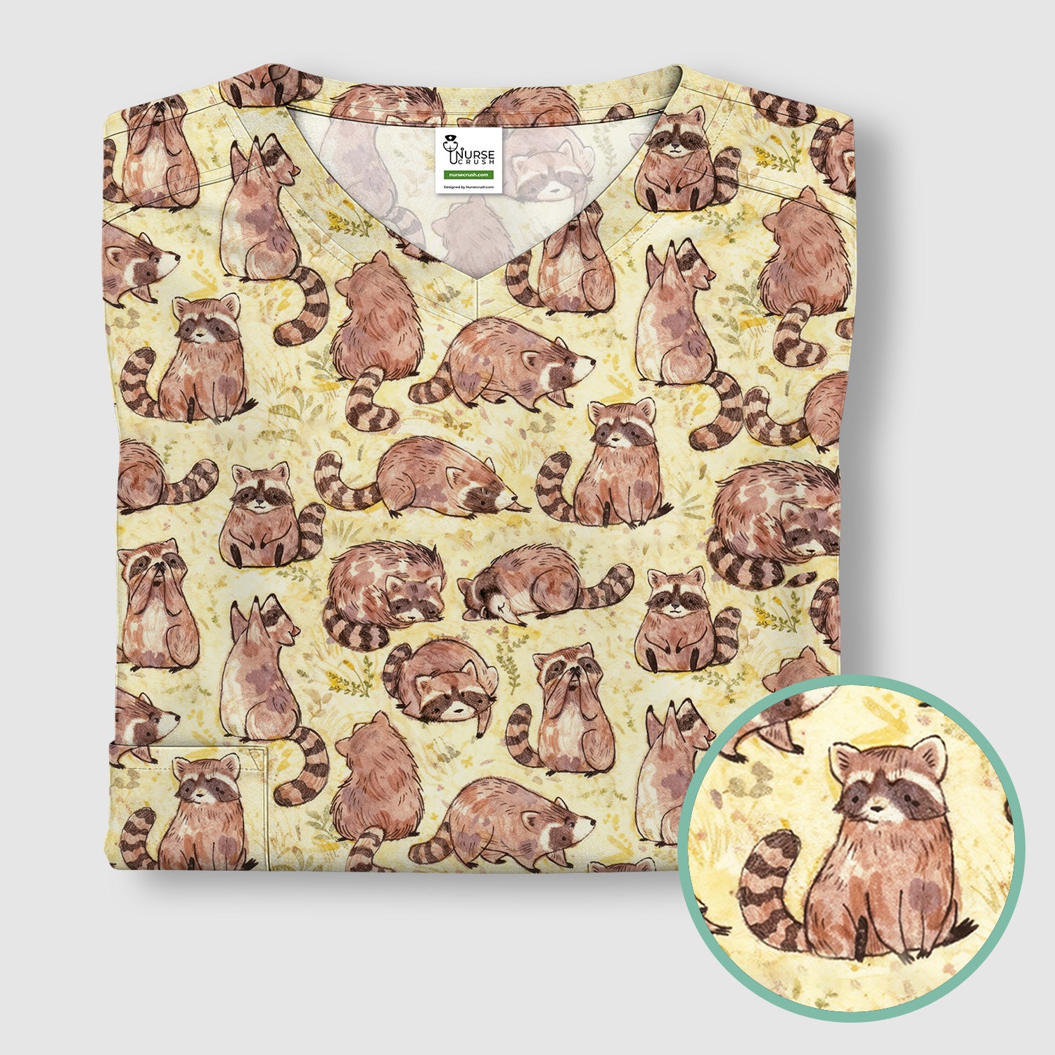 Cute Raccoon Woodland Pattern Scrub Top, Breathable Fabrics Nursing Uniform