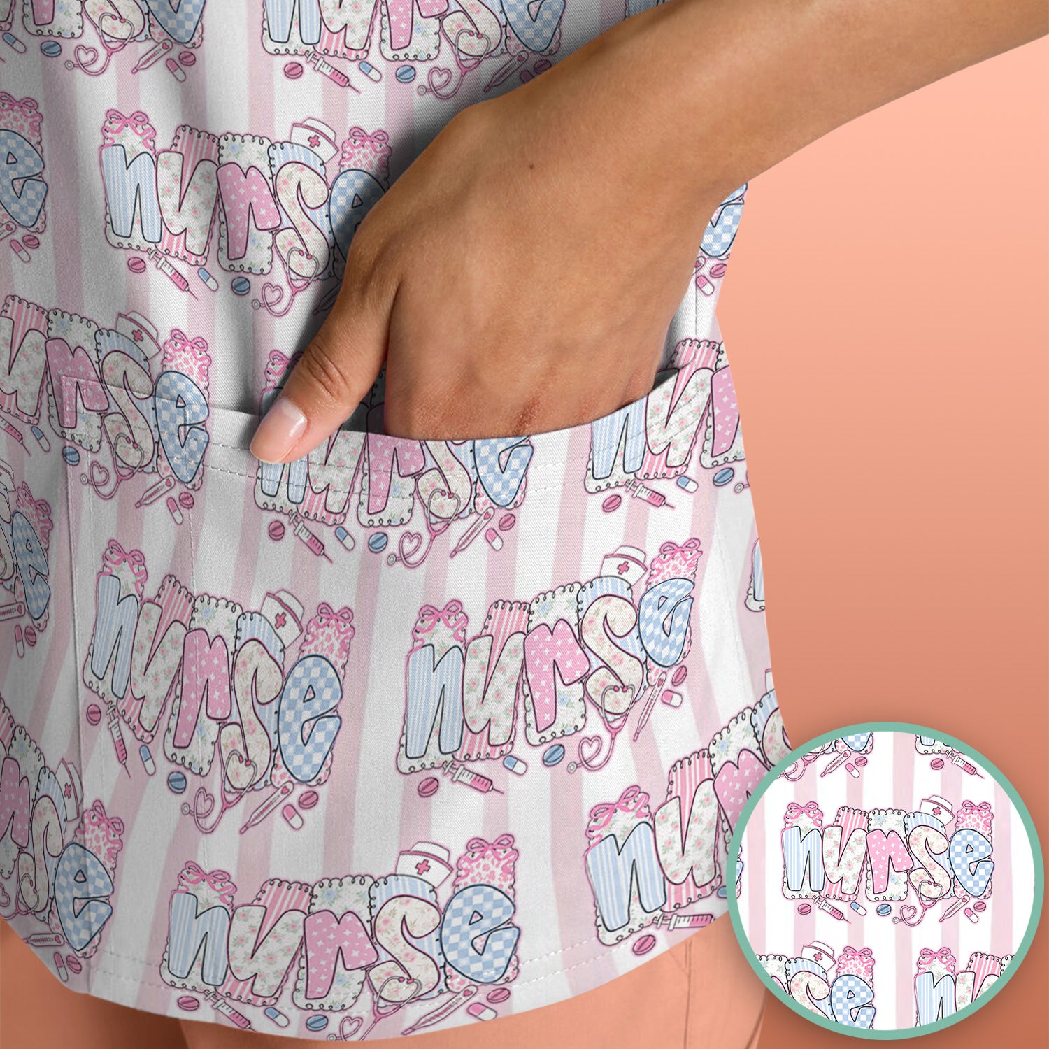 Cute Pastel Nurse Pattern Scrub Top, Comfortable Scrubs for Nurses