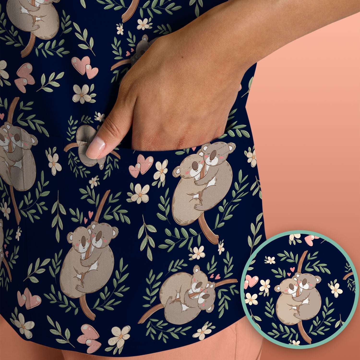 Cute Koala Love Pattern Medical Scrub Top, Breathable Fabrics Nursing Uniform