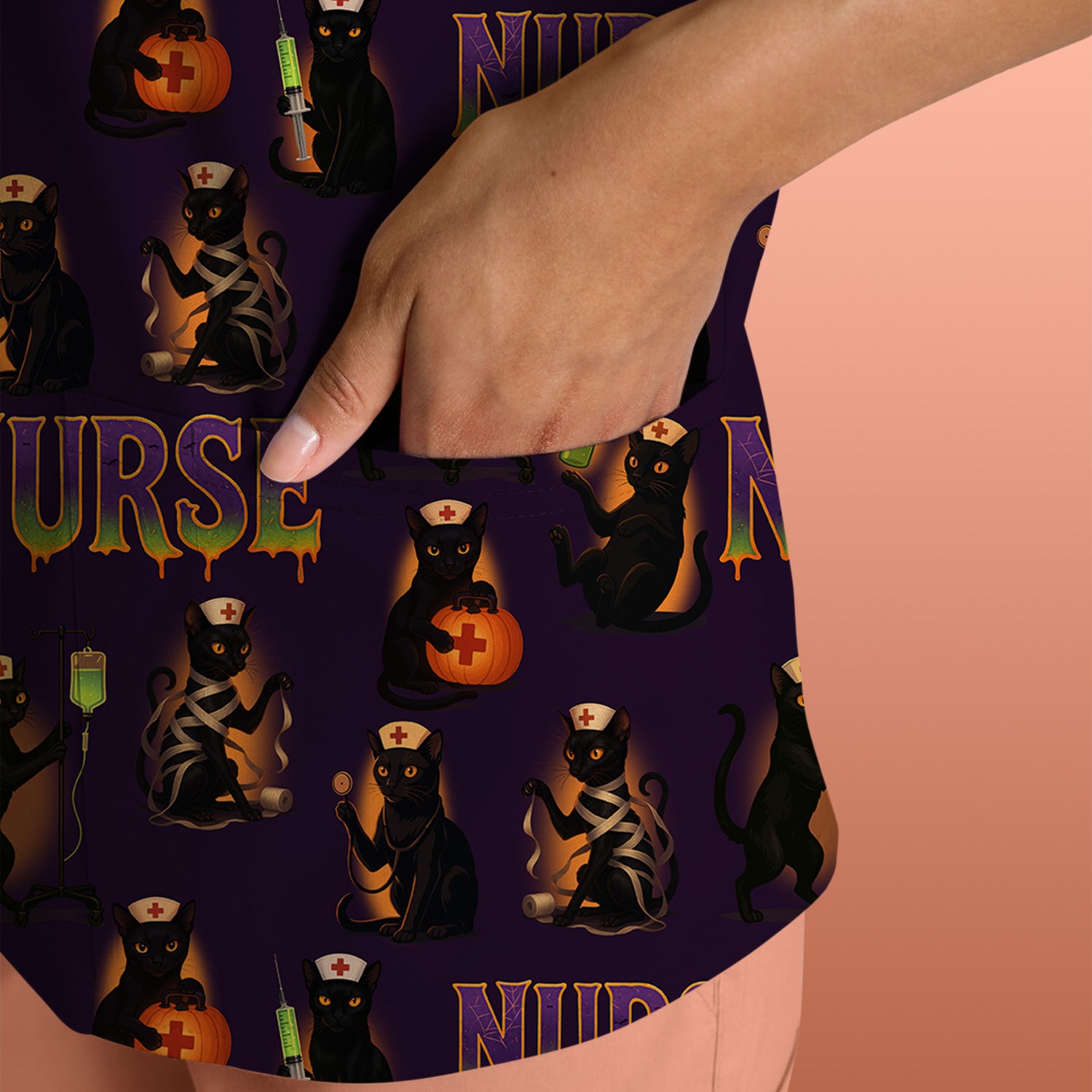 Halloween Nurse Scrub Top for Women - Cute Black Cat and Pumpkin Medical Design - Spooky Gift for RN LPN CNA