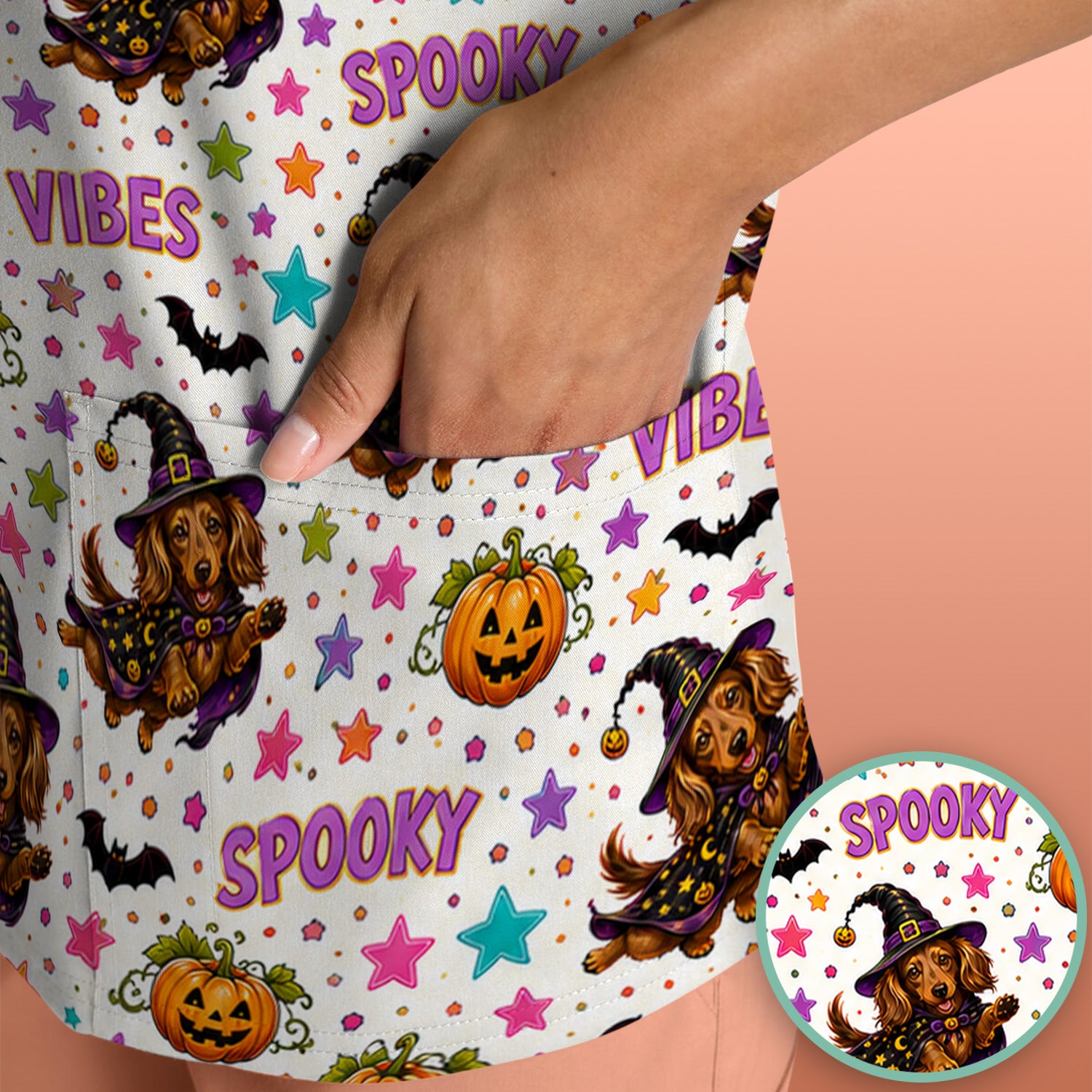 Spooky Dachshund Vibes Print Scrub Top, Comfortable Scrubs for Nurses