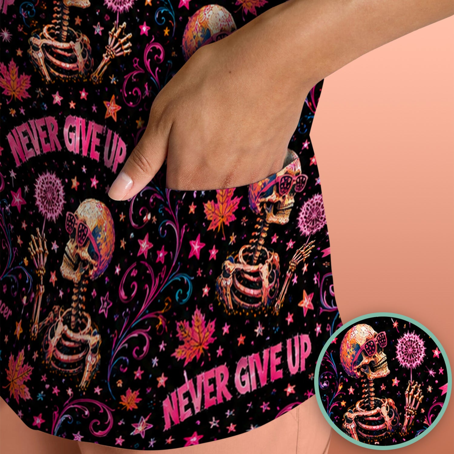 Breast Cancer Awareness Skeletons Pattern Scrub Top, Comfortable Scrubs for Nurses