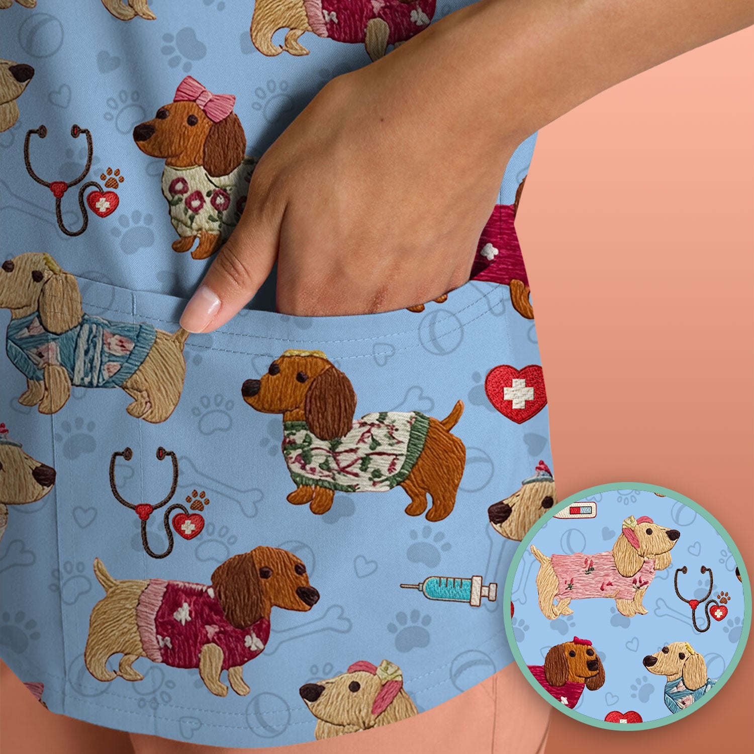 Cute Medical Wiener Dog Pattern Nurse Shirt, Dachshund Nursing Scrub Top, Breathable Fabrics Nursing Uniform