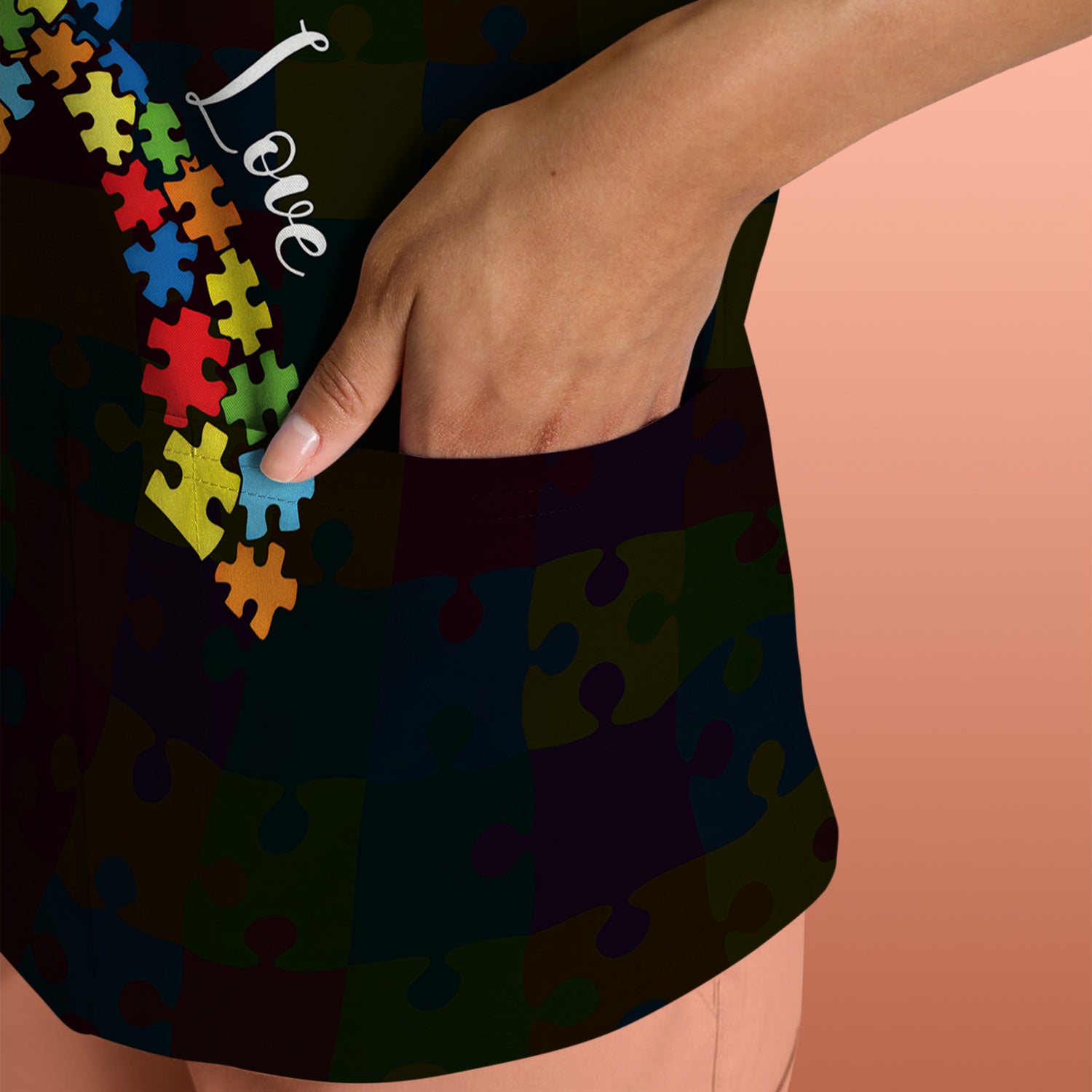 Personalized Autism Puzzle Ribbon Colorful Print Scrub Top, Comfortable Scrubs for Nurses