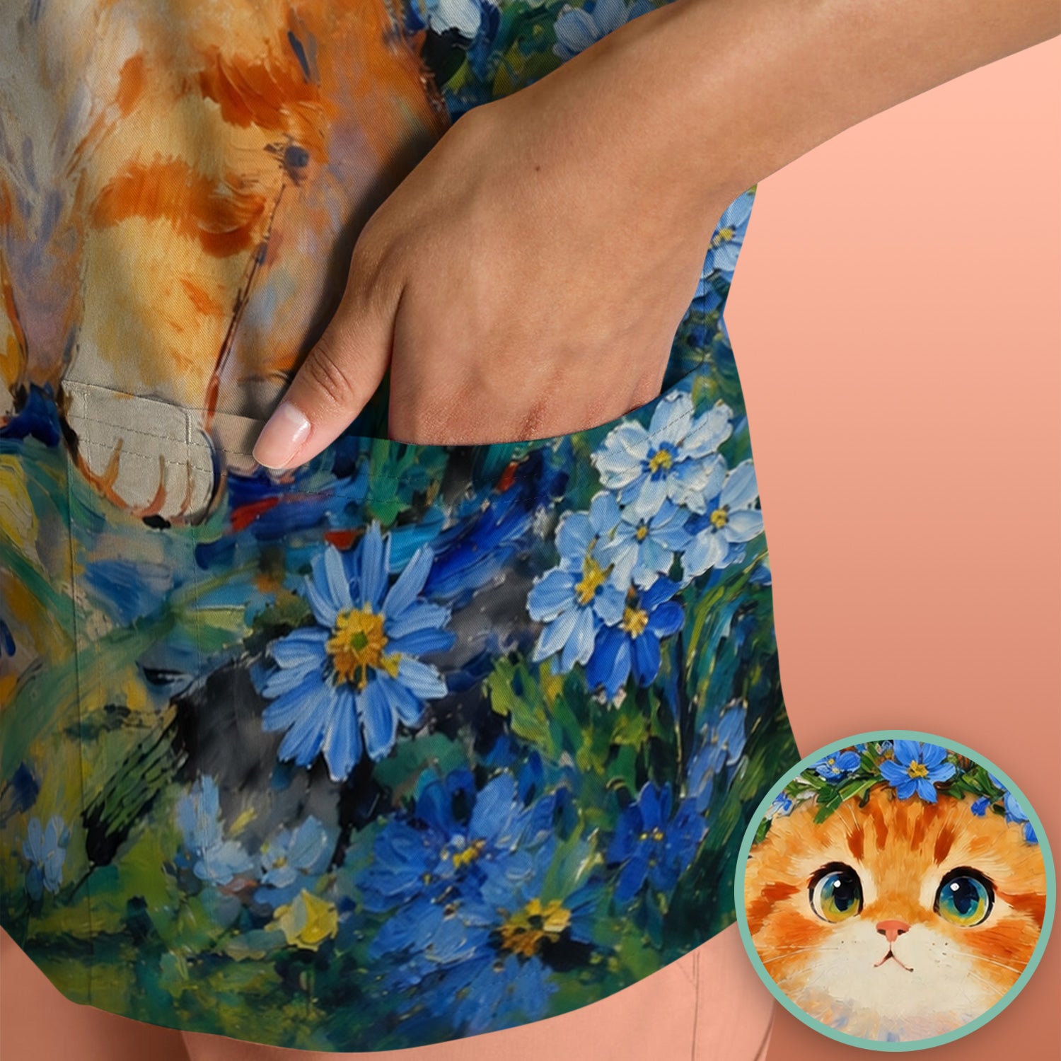 Cute Blue Floral Cat Nurse for Pediatric Nurses, RN, CNA, Pet Lover Medical Scrub Top, Comfortable Scrubs for Nurses