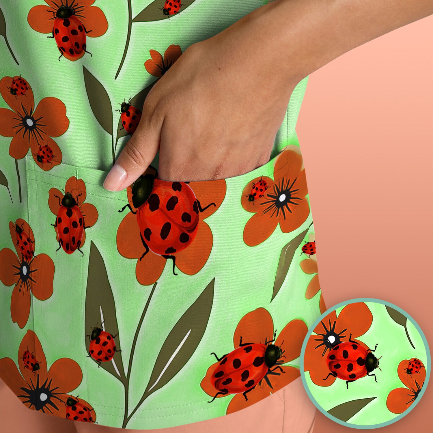 Ladybug on Orange Floral Garden Pattern Scrub Top, Comfortable Scrubs for Nurses