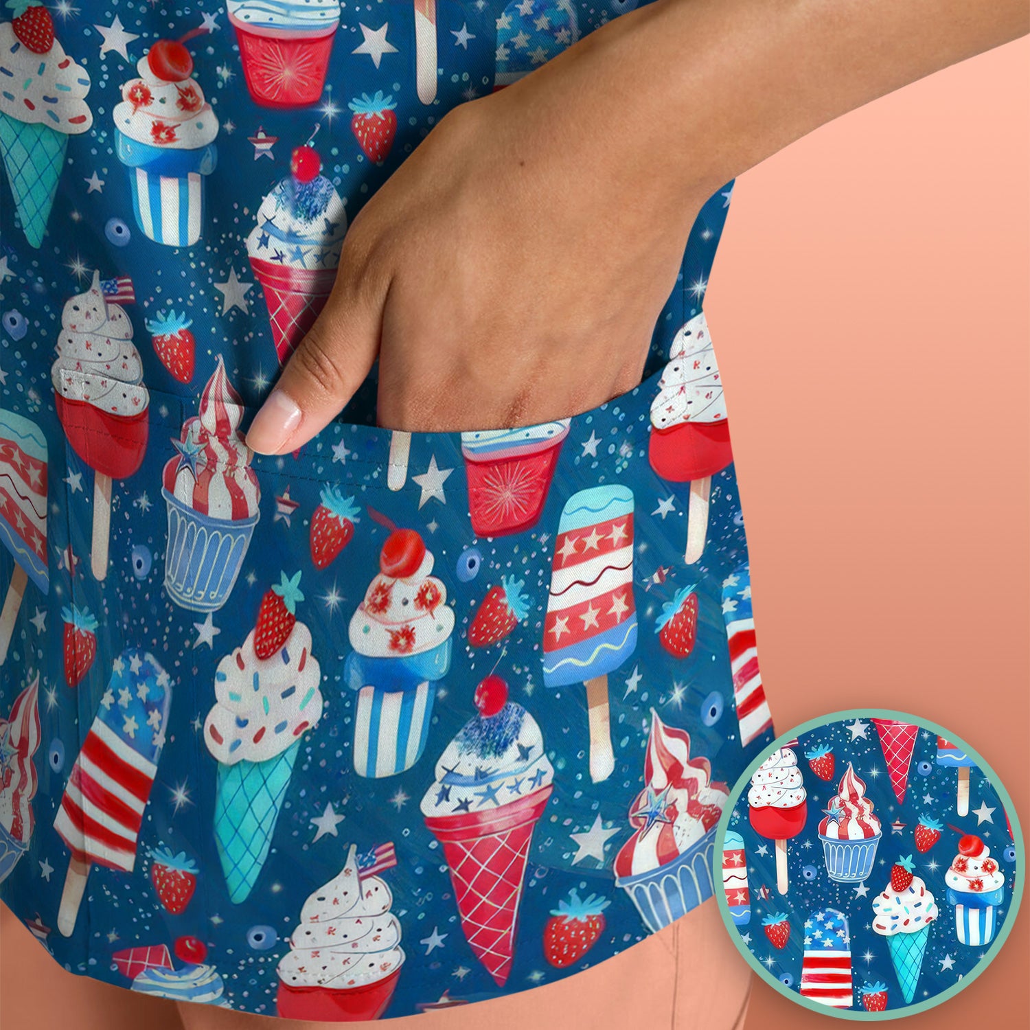 Cute Patriotic Ice Cream Popsicles With USA Flag Dessert Scrub Top, Comfortable Scrubs for Nurses