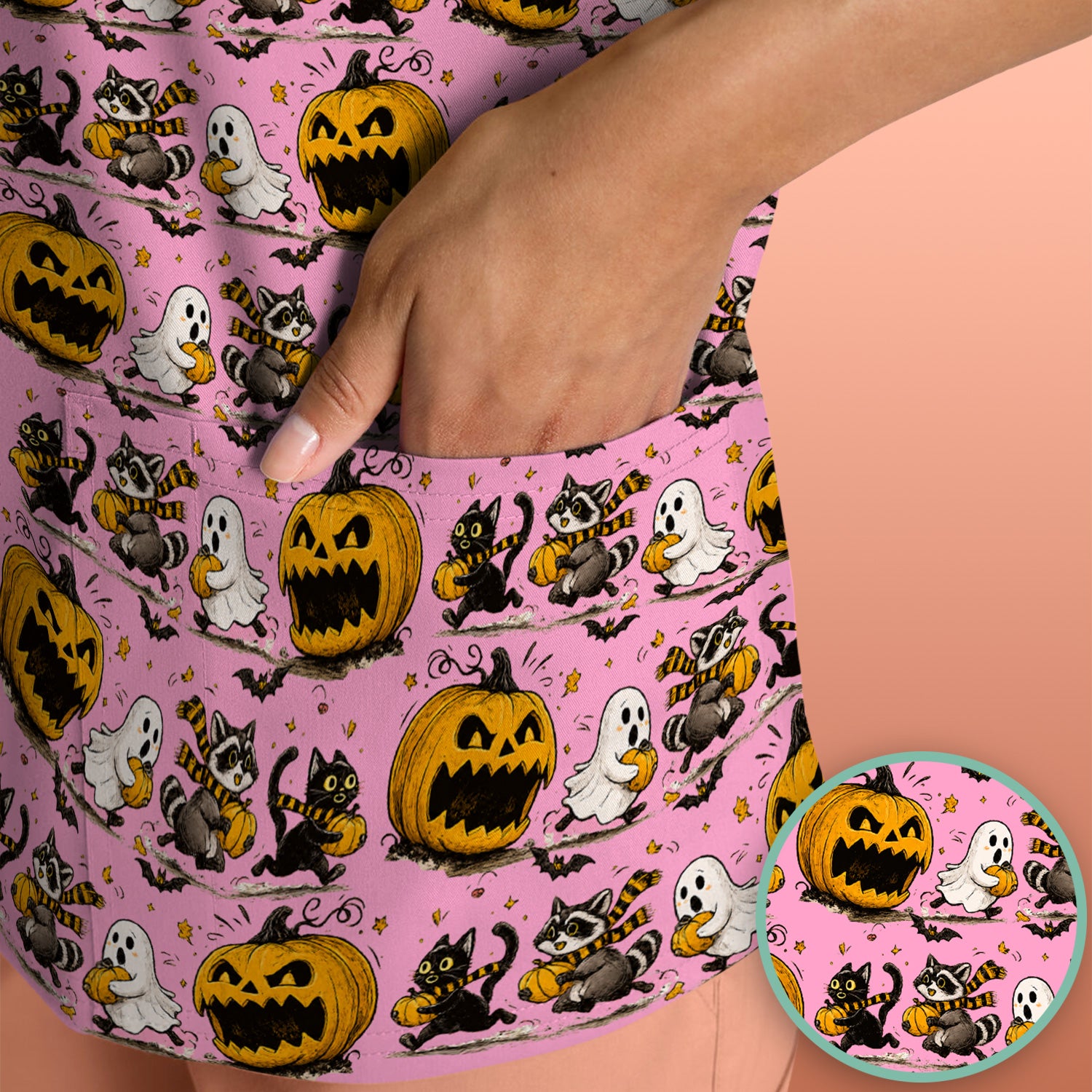 Spooky Halloween Woodland Critters Pattern Scrub Top, Comfortable Scrubs for Nurses